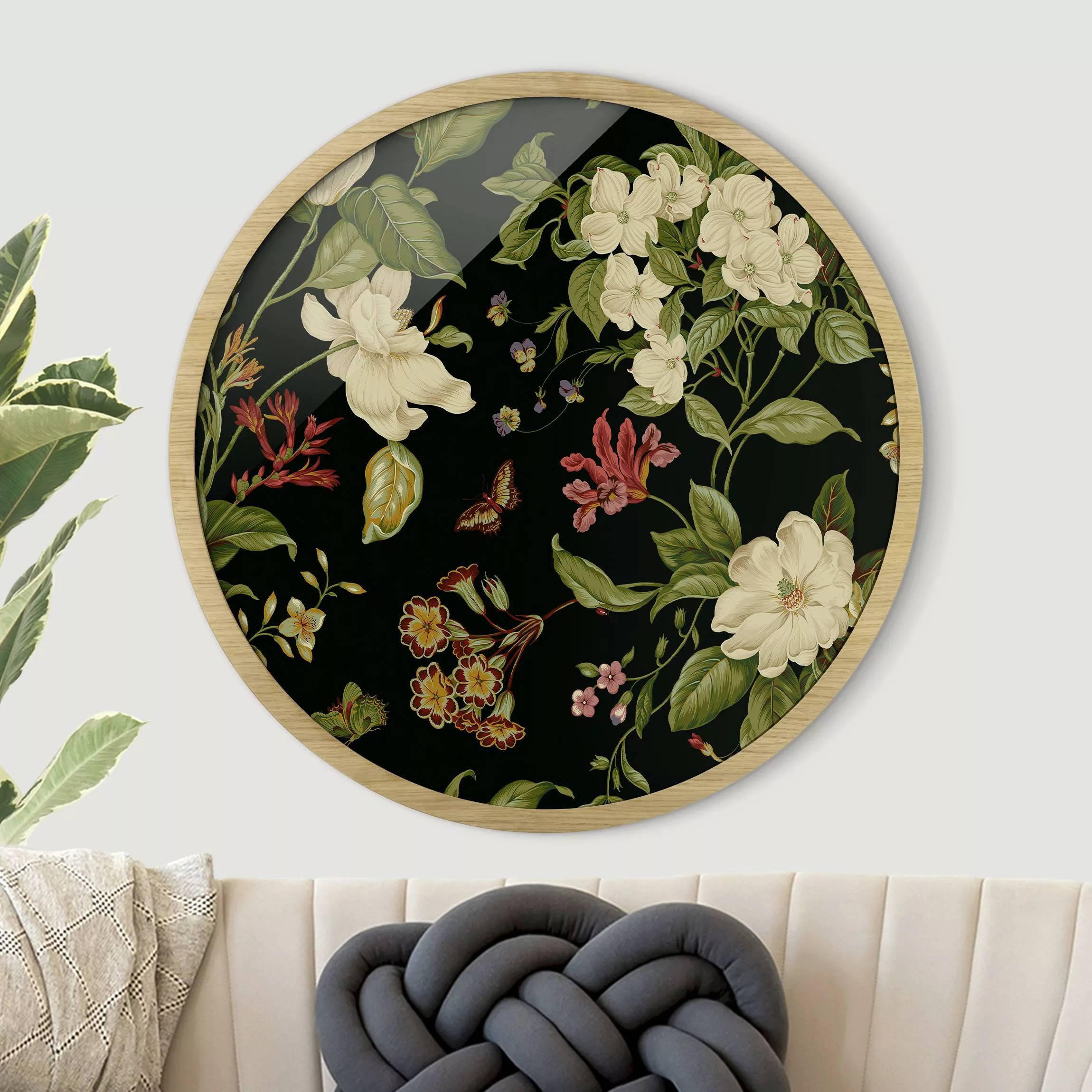 Rundes Gerahmtes Bild Gartenblumen auf Schwarz II günstig online kaufen