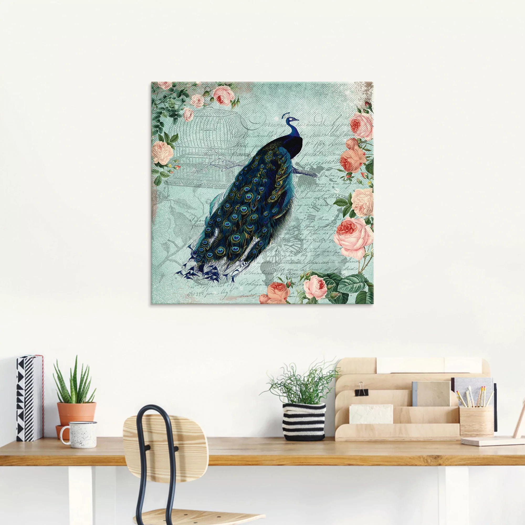 Artland Glasbild »Vintage Rosen und Pfau Illustration«, Vögel, (1 St.), in günstig online kaufen