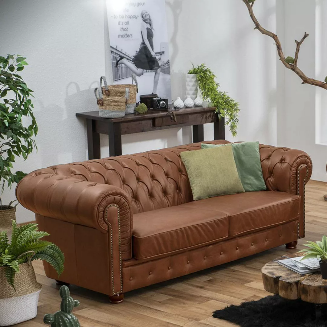 Dreisitzer Couch Leder Cognac im Chesterfield Look 200 cm breit günstig online kaufen