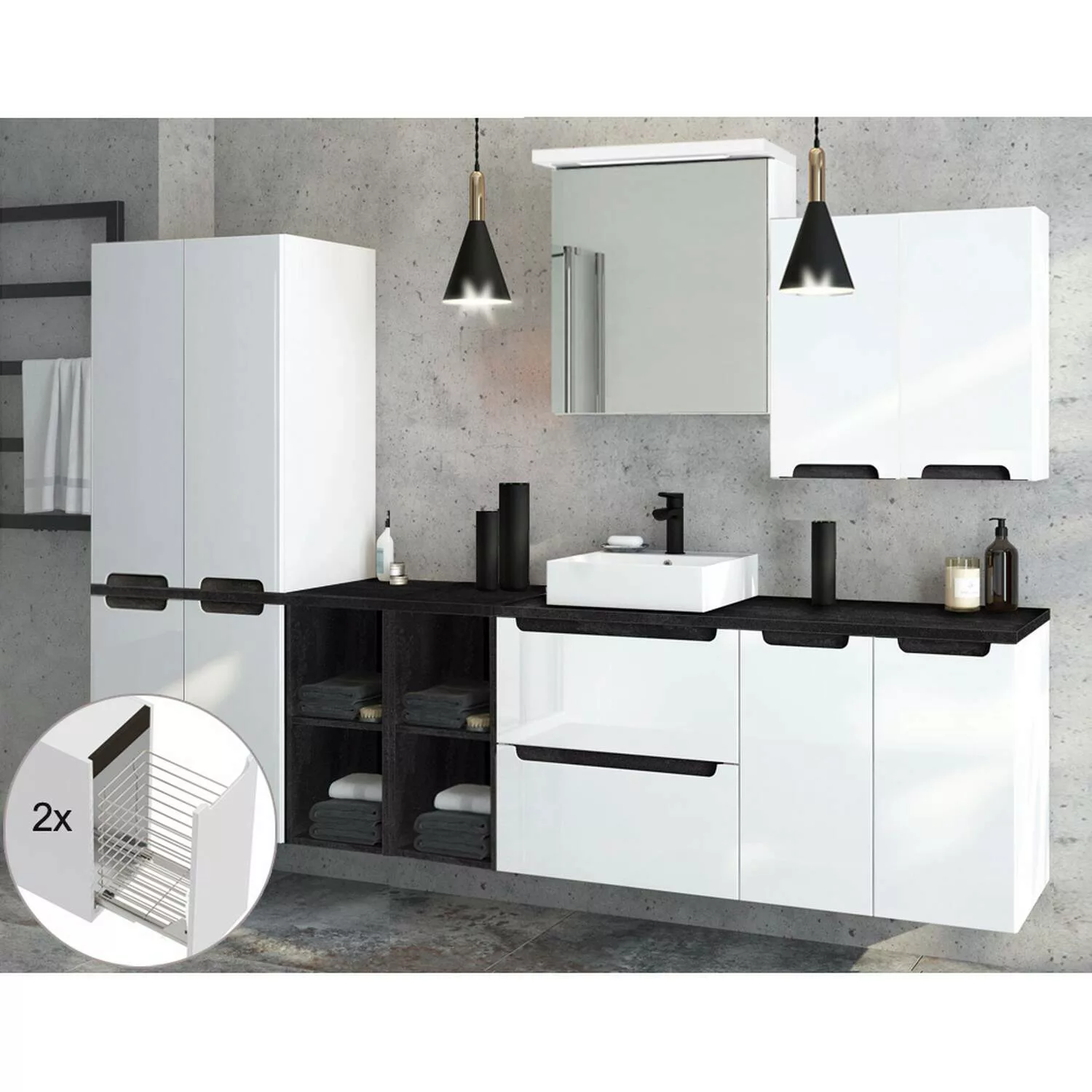 Badmöbel Set Hochglanz weiß mit Beton-Dunkel SOFIA-107 Keramikbecken & LED- günstig online kaufen