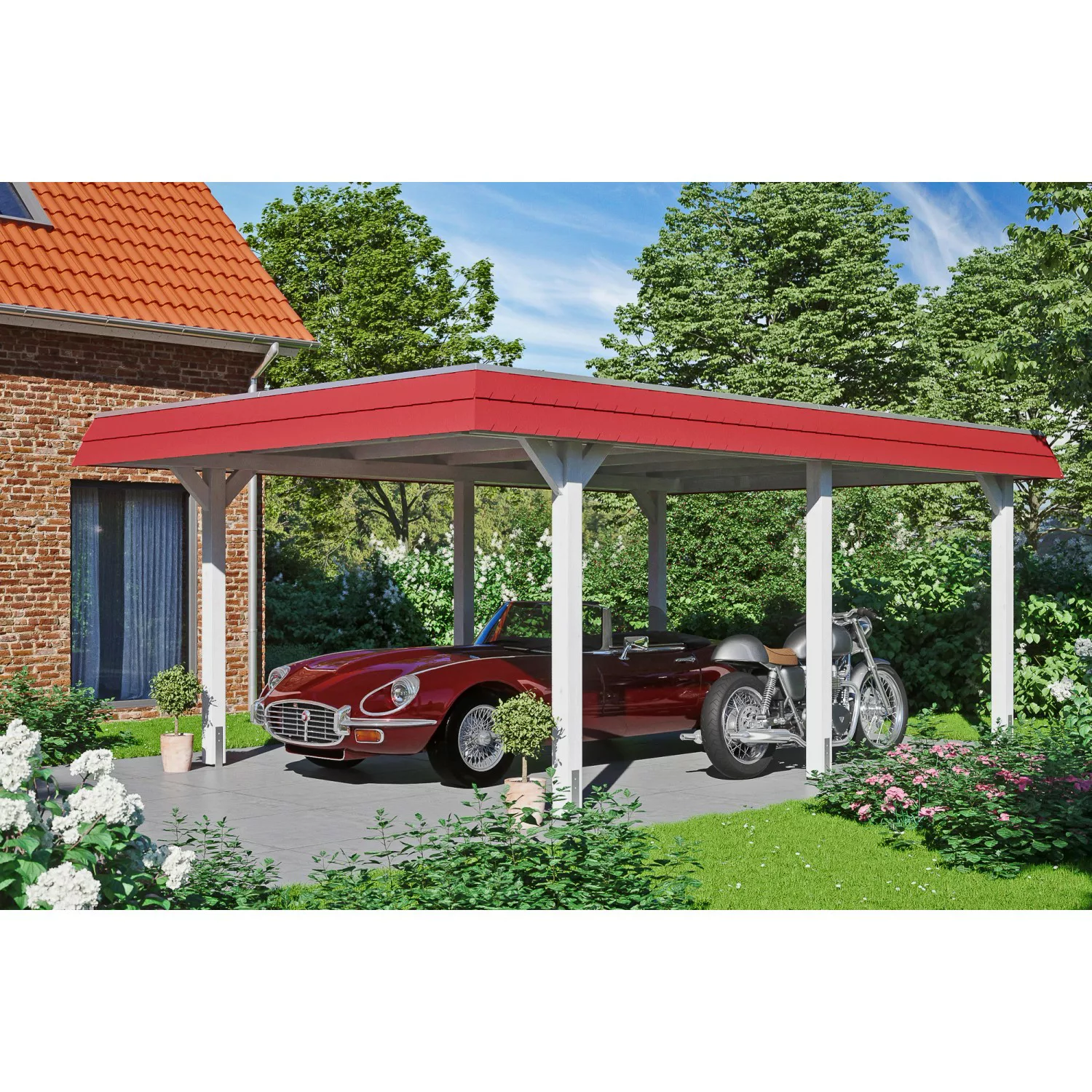 Skan Holz Carport Wendland Weiß 409 x 628 cm EPDM-Dach Blende Rot günstig online kaufen