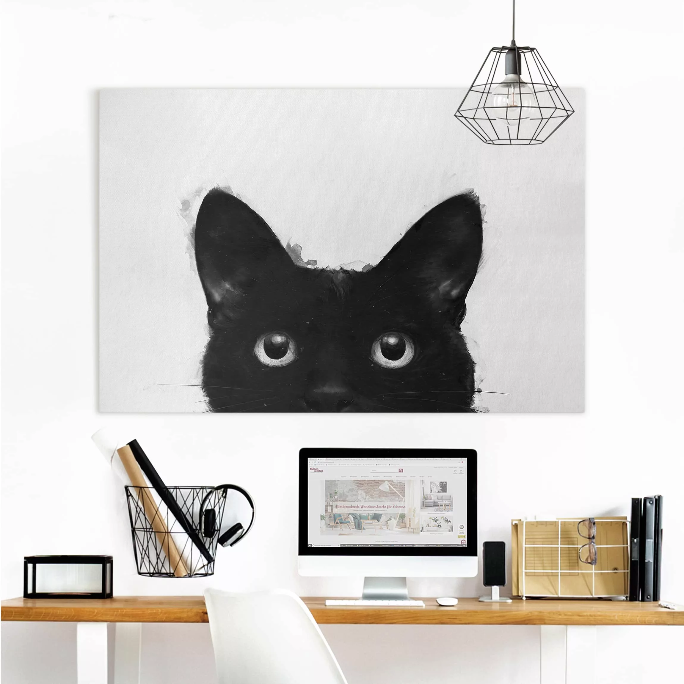 Leinwandbild - Querformat Illustration Schwarze Katze auf Weiß Malerei günstig online kaufen