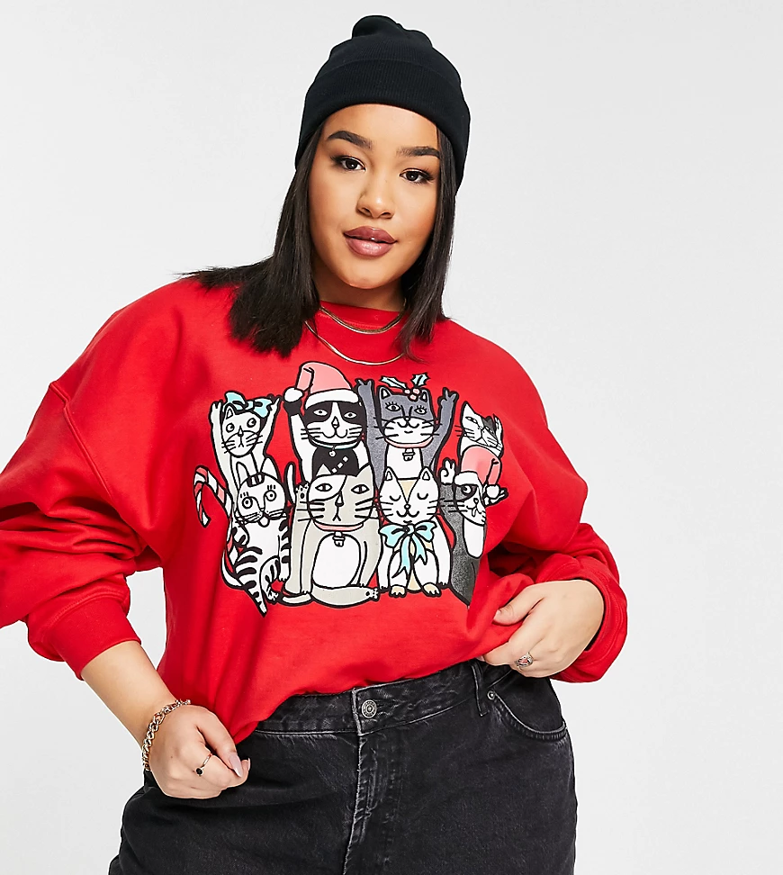 New Love Club Plus – Sweatshirt mit weihnachtlichem Katzen-Print-Rot günstig online kaufen