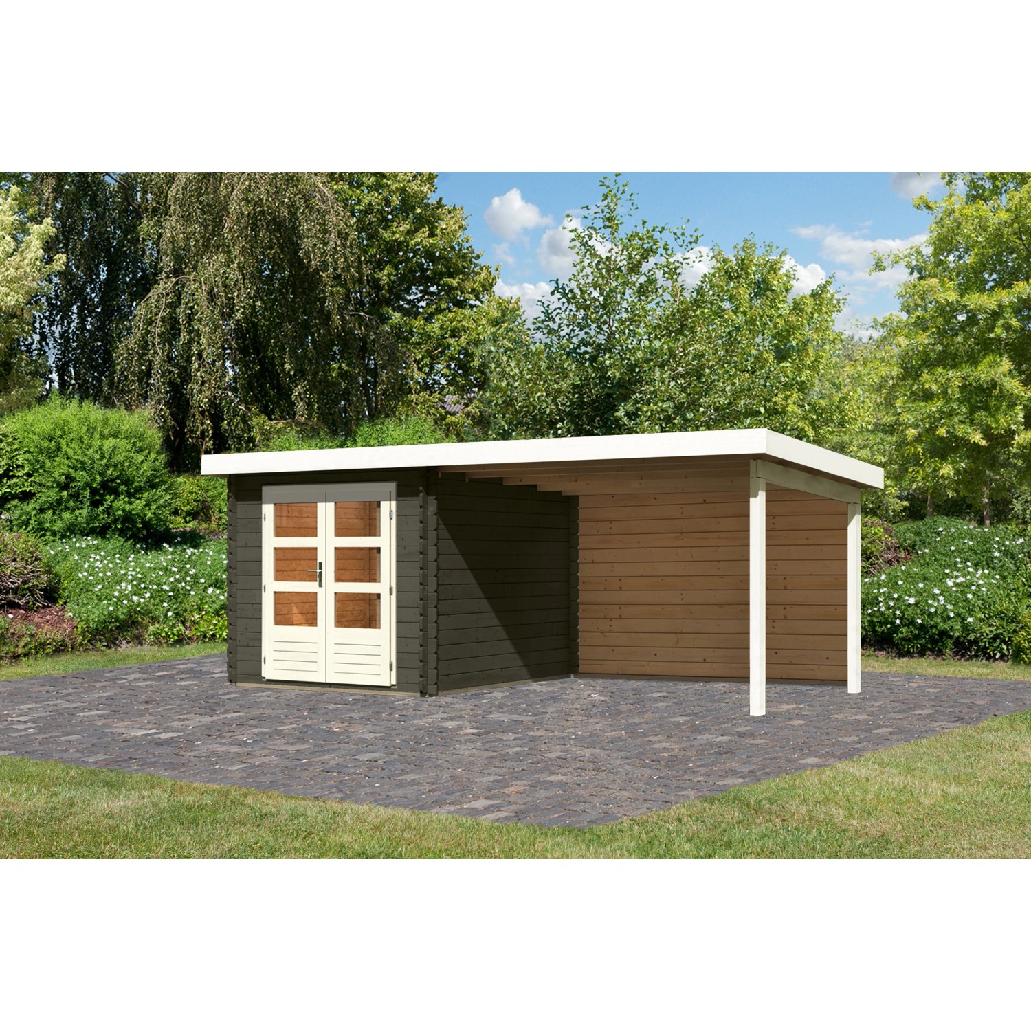 Karibu Gartenhaus/Gerätehaus Ängelholm 4 Terragrau 237 x 297 cm mit Anbauda günstig online kaufen