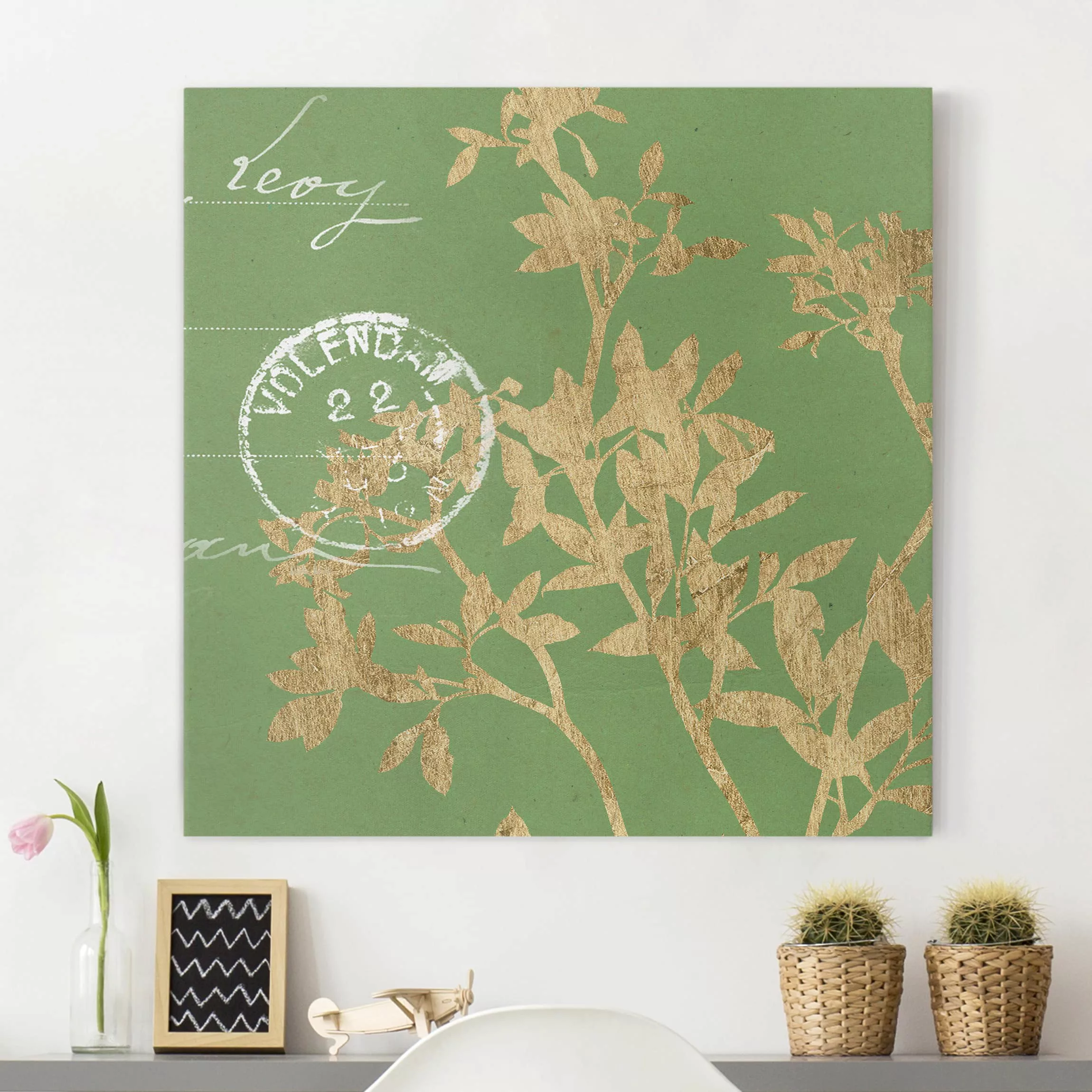 Leinwandbild Spruch - Quadrat Goldene Blätter auf Lind II günstig online kaufen