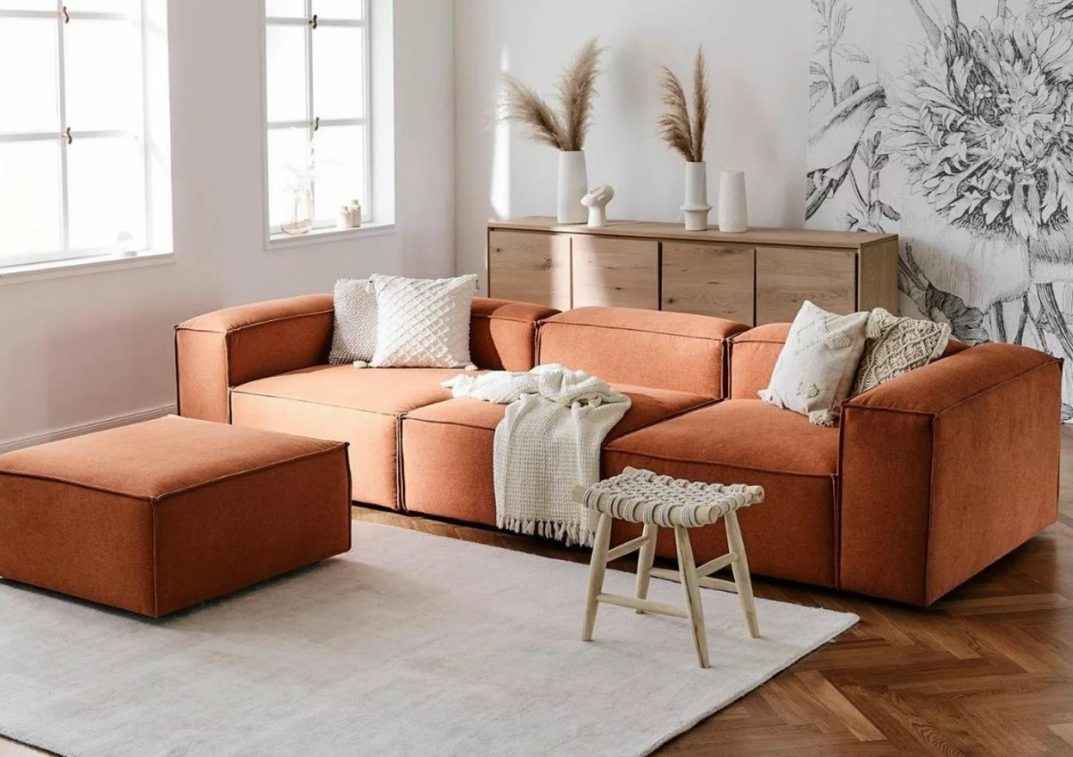 JVmoebel 4-Sitzer Sofa Set xxl Sofas Couchen Orange mit Hocker Stoffsofa Te günstig online kaufen