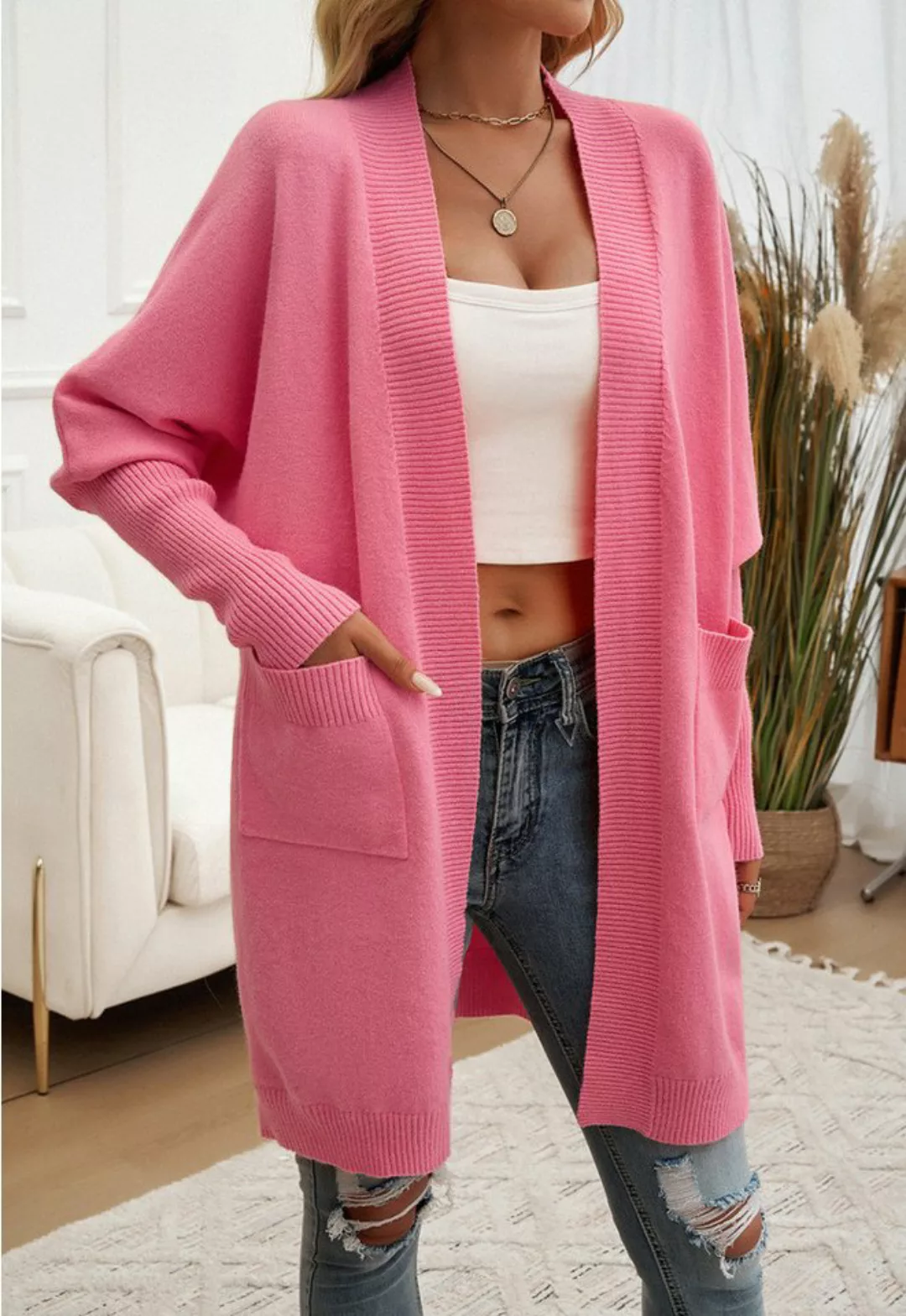 DEBAIJIA Cardigan Damen Cardigan Vorderseite mit Taschen Einfarbig Gestrick günstig online kaufen