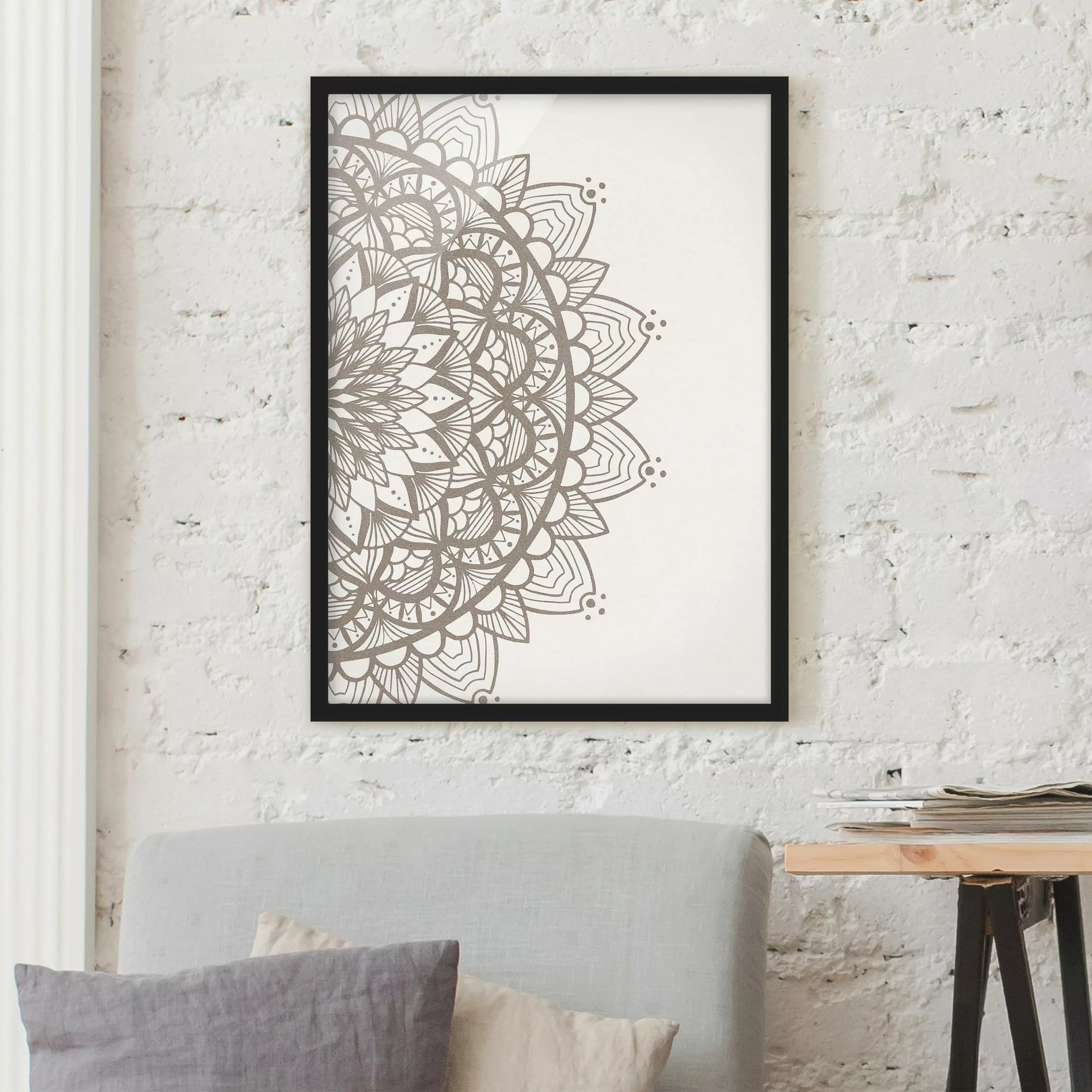 Bild mit Rahmen - Hochformat Mandala Illustration shabby beige weiß günstig online kaufen
