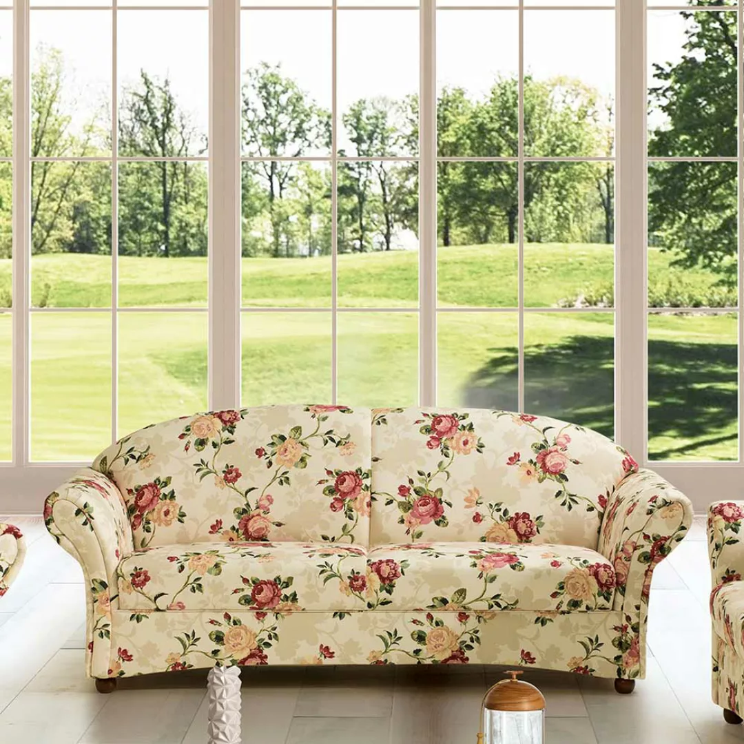 Dreisitzer Couch geblümt mit Rosen Motiv in Creme bunt Flachgewebe günstig online kaufen