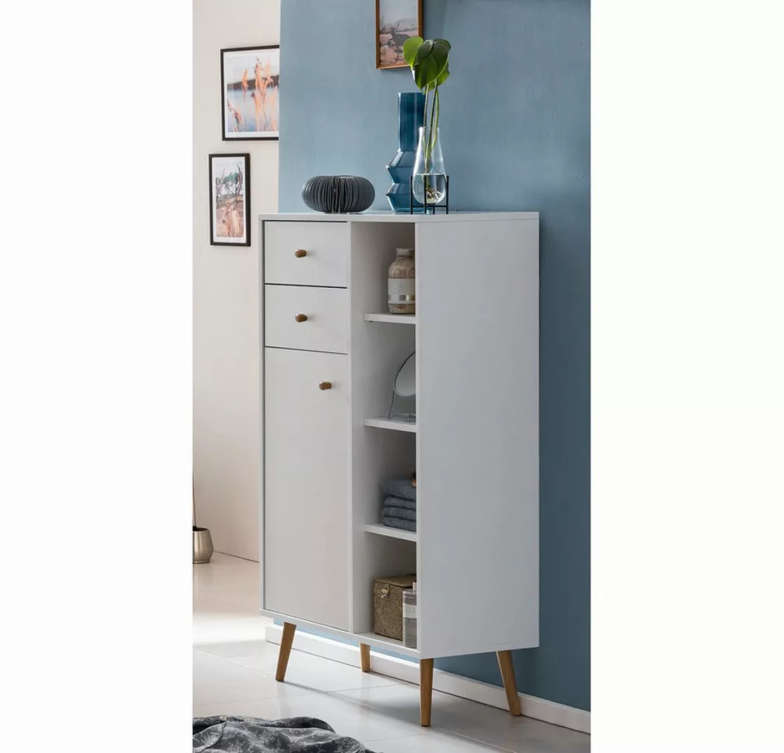 Lomadox Midischrank JASLO-80 Badzimmer Highboard Badschrank weiß, Füße Eich günstig online kaufen