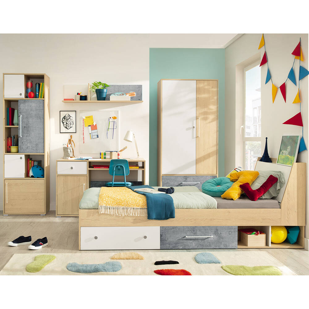 Jugendzimmer Set 5-teilig SPOKANE-133 mit Bett 90cm Eiche mit weiß und Beto günstig online kaufen