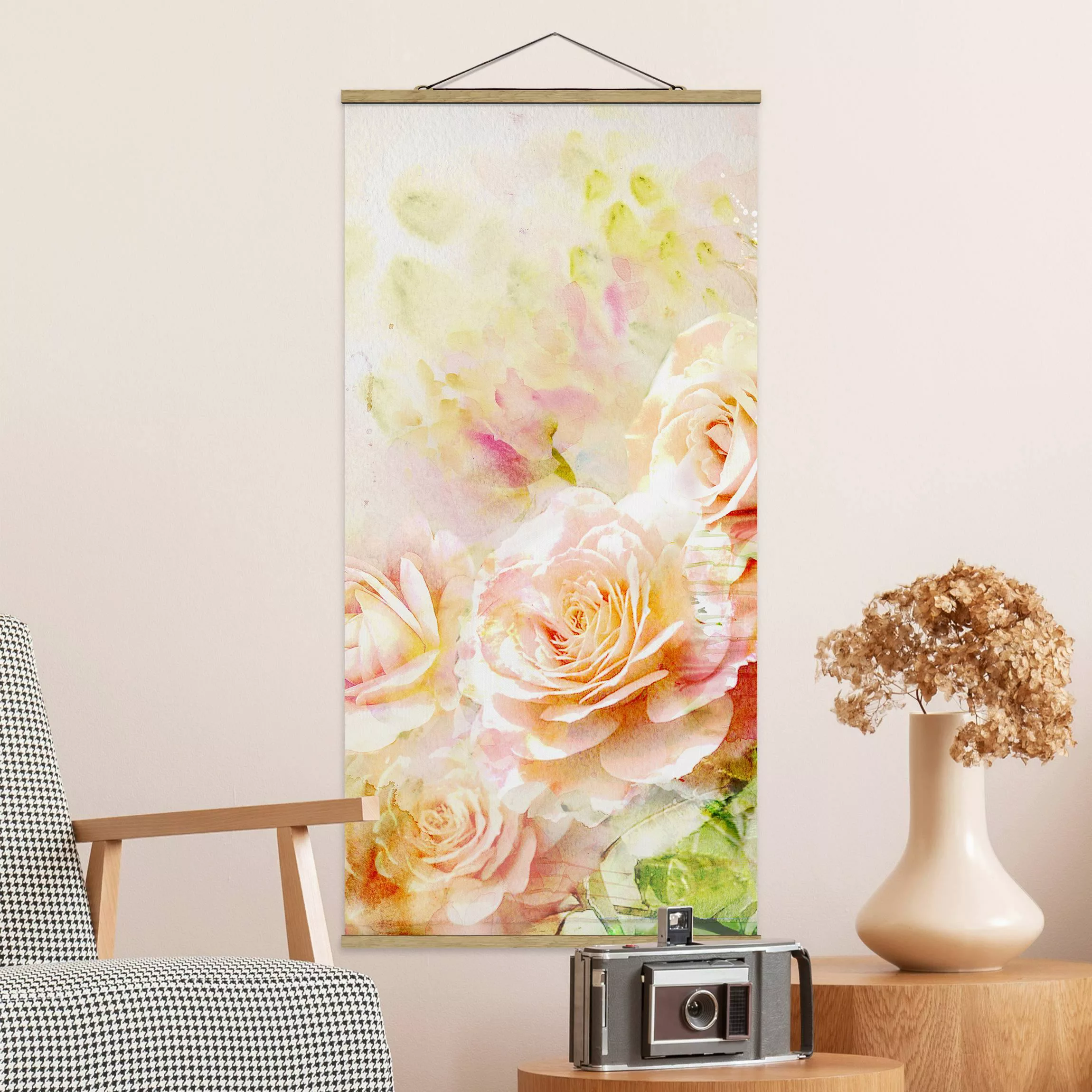 Stoffbild Blumen mit Posterleisten - Hochformat Aquarell Rosen Komposition günstig online kaufen