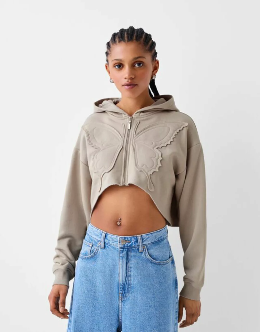 Bershka Plüschjacke Mit Kapuze Und Stickerei Damen Xs Grau günstig online kaufen