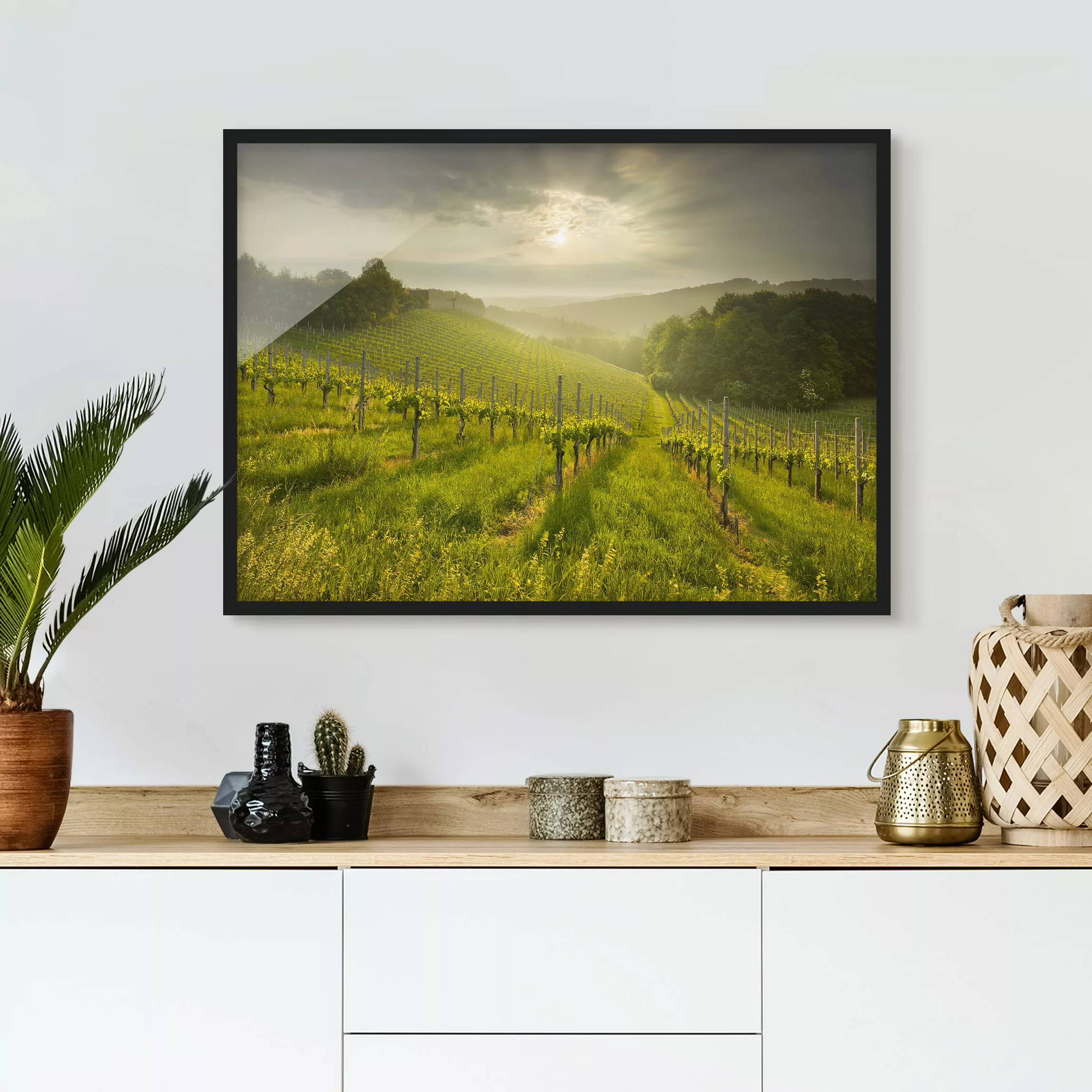 Bild mit Rahmen Natur & Landschaft - Querformat Sonnenstrahlen Weinberg günstig online kaufen