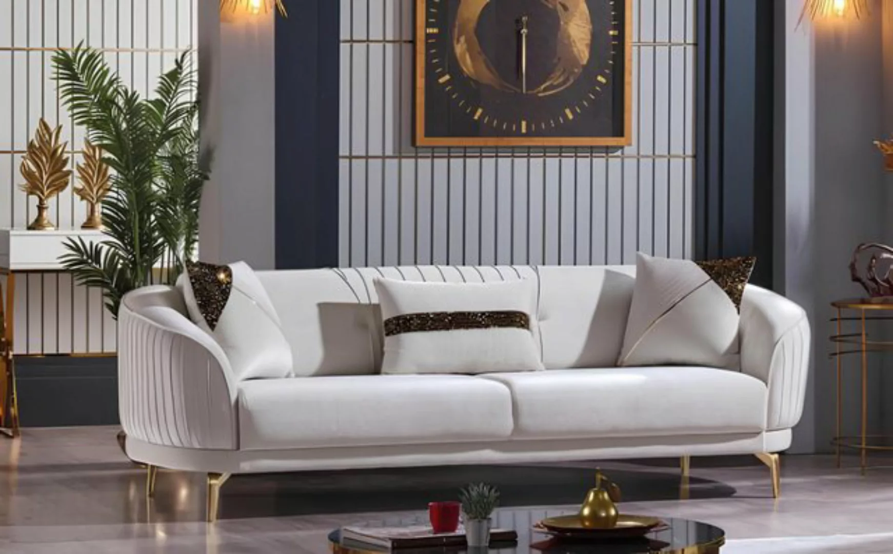 Xlmoebel Sofa Luxuriöses Drei-Sitzer-Sofa aus weißem Edelstahl und Samt für günstig online kaufen