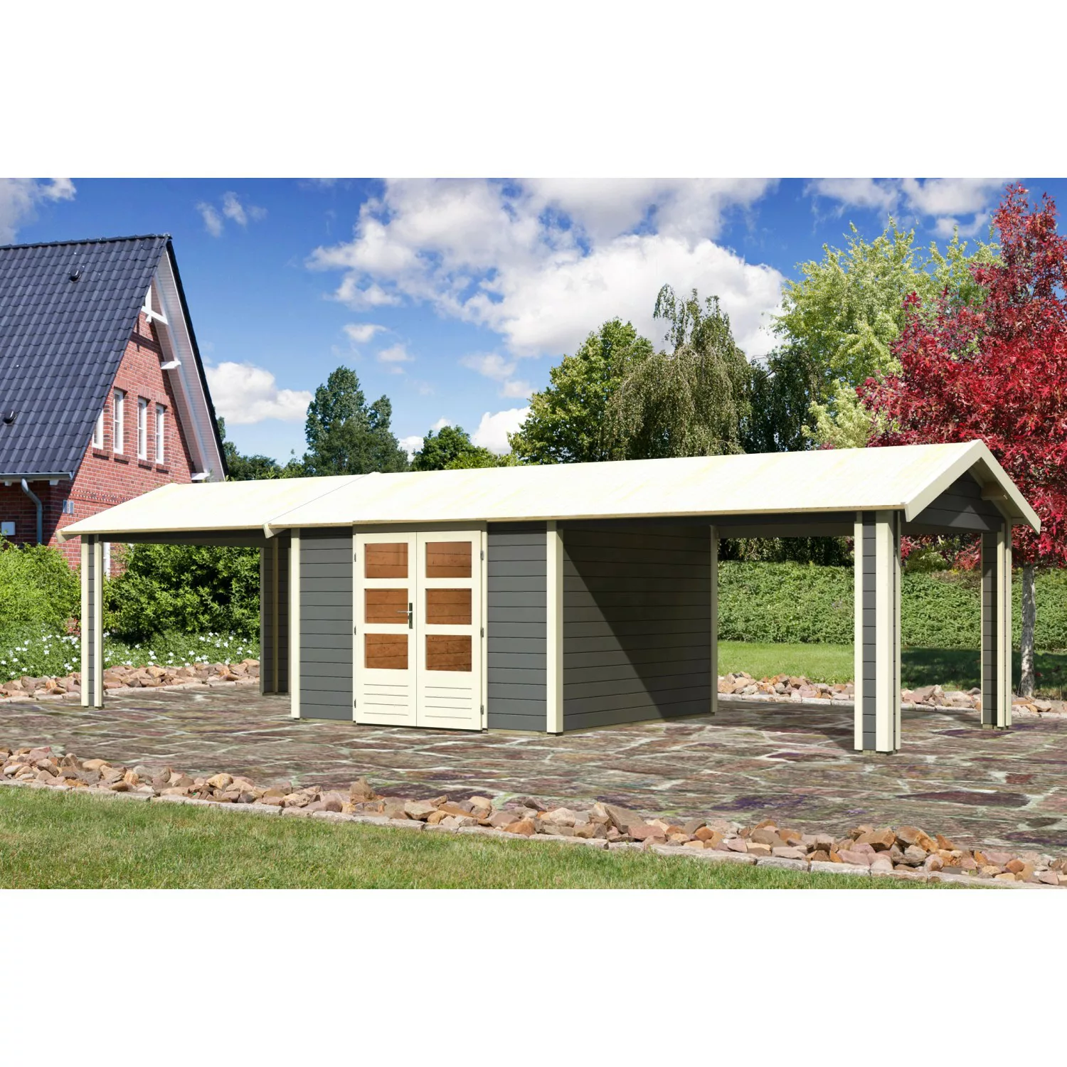 Karibu Holz-Gartenhaus/Gerätehaus Timra Terragrau Satteldach Lackiert 300 c günstig online kaufen
