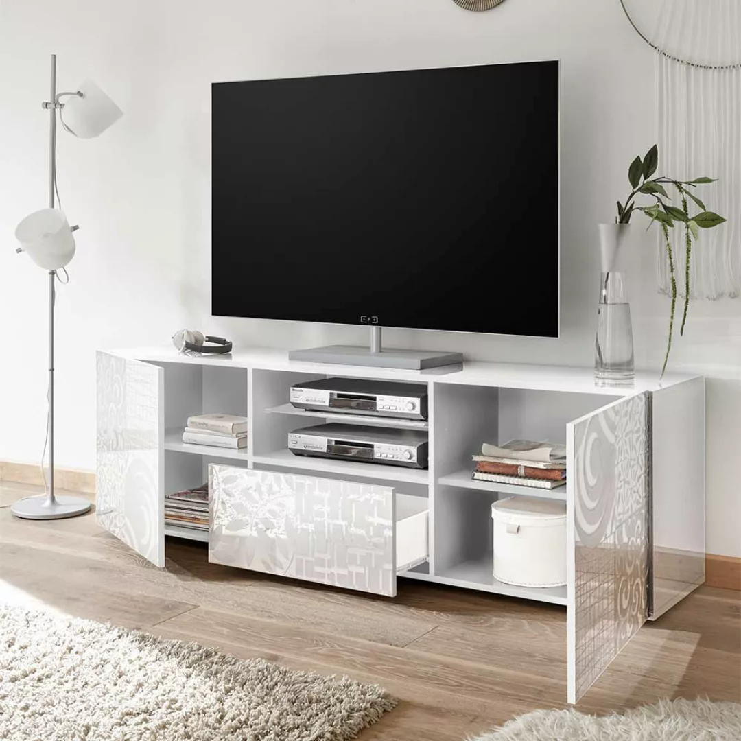 TV Lowboard in Weiß Hochglanz Siebdruck verziert günstig online kaufen