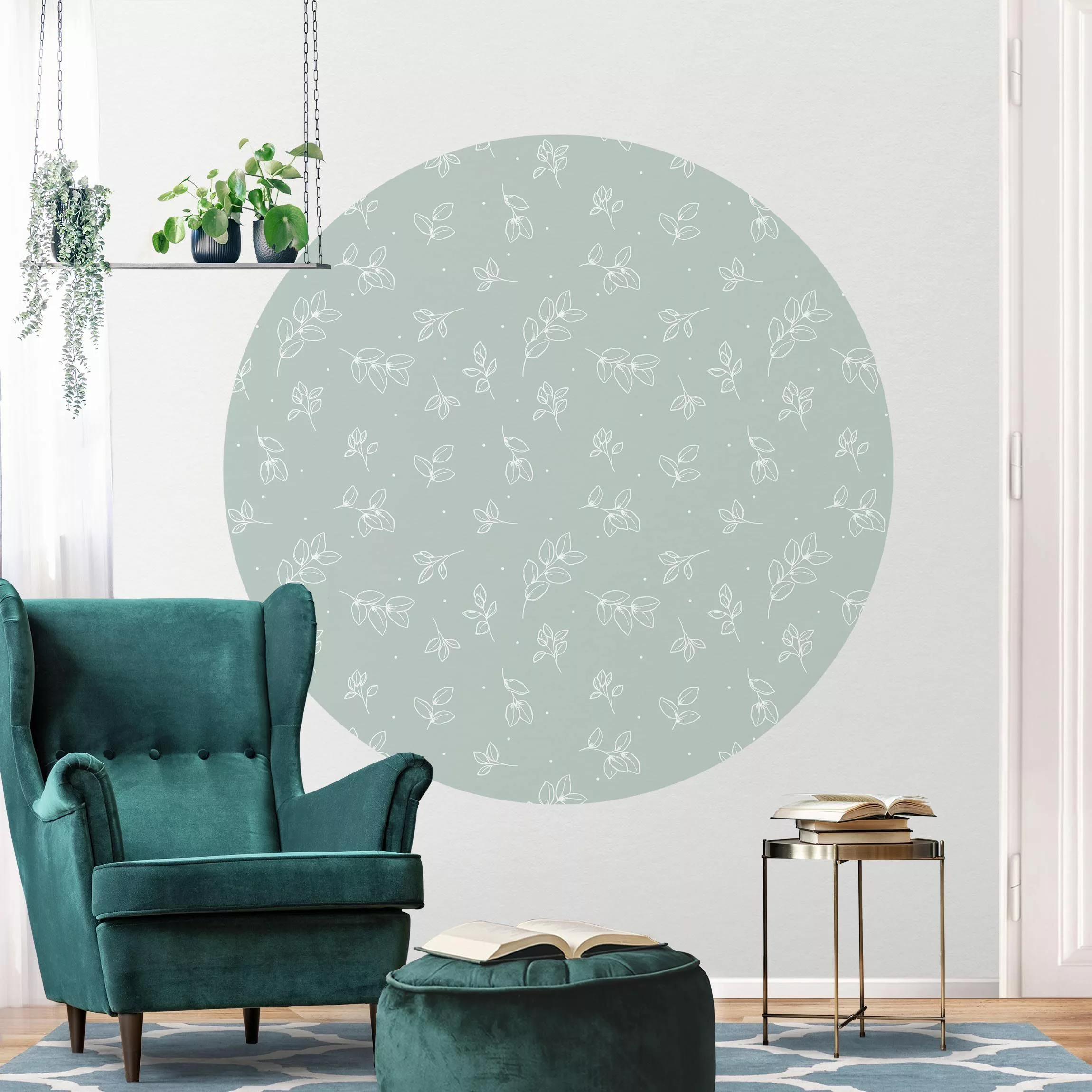 Runde Tapete selbstklebend Illustrierte Blätter Muster Pastell Grün günstig online kaufen
