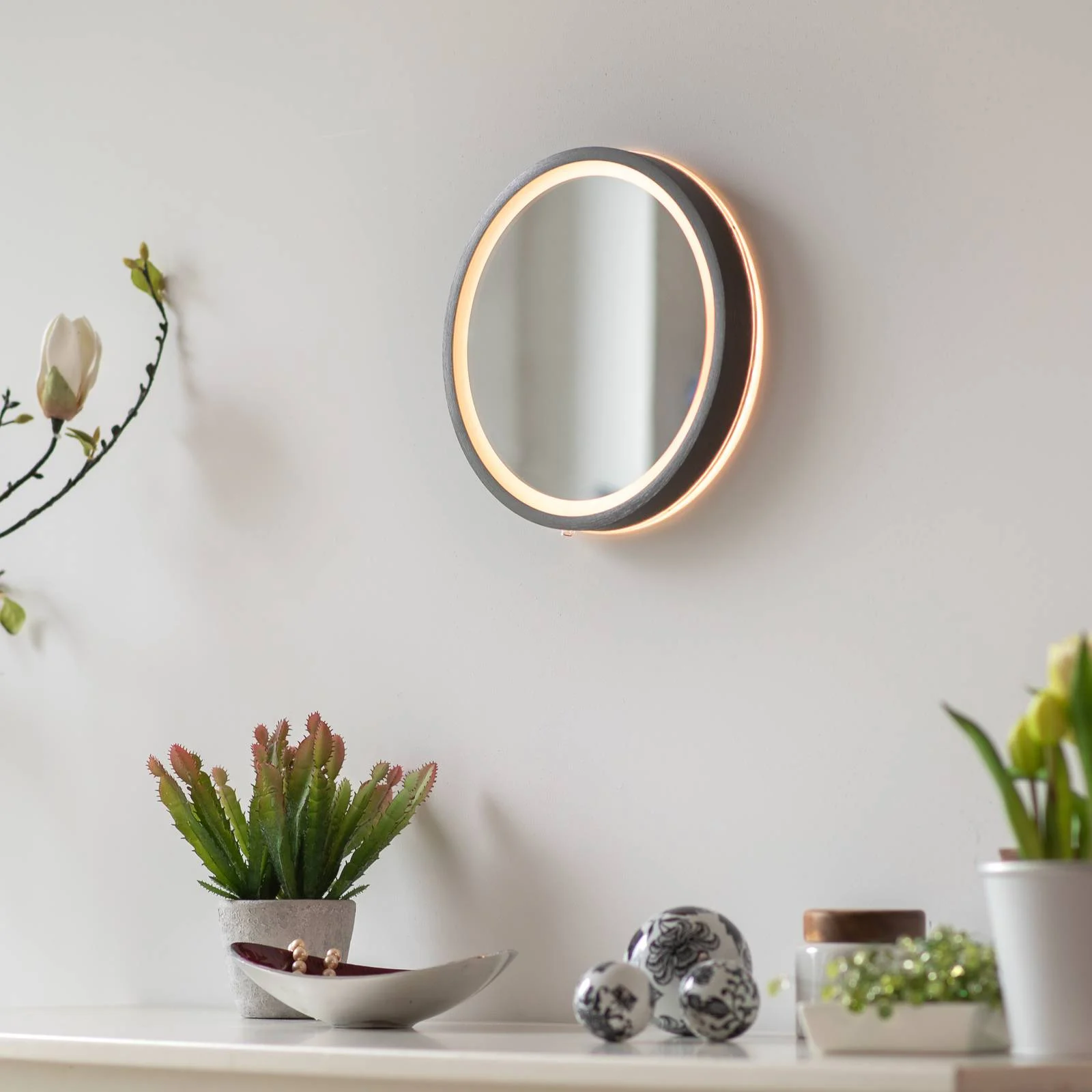 LED-Wandspiegel VIDRO, grau, Ø 26 cm, Powerbank, Schalter günstig online kaufen