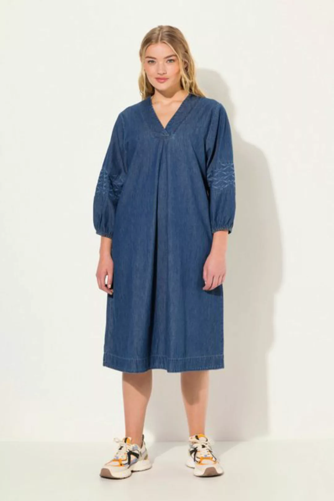 Laurasøn Jerseykleid Jeanskleid 3/4 Arm V-Ausschnitt Midilänge günstig online kaufen