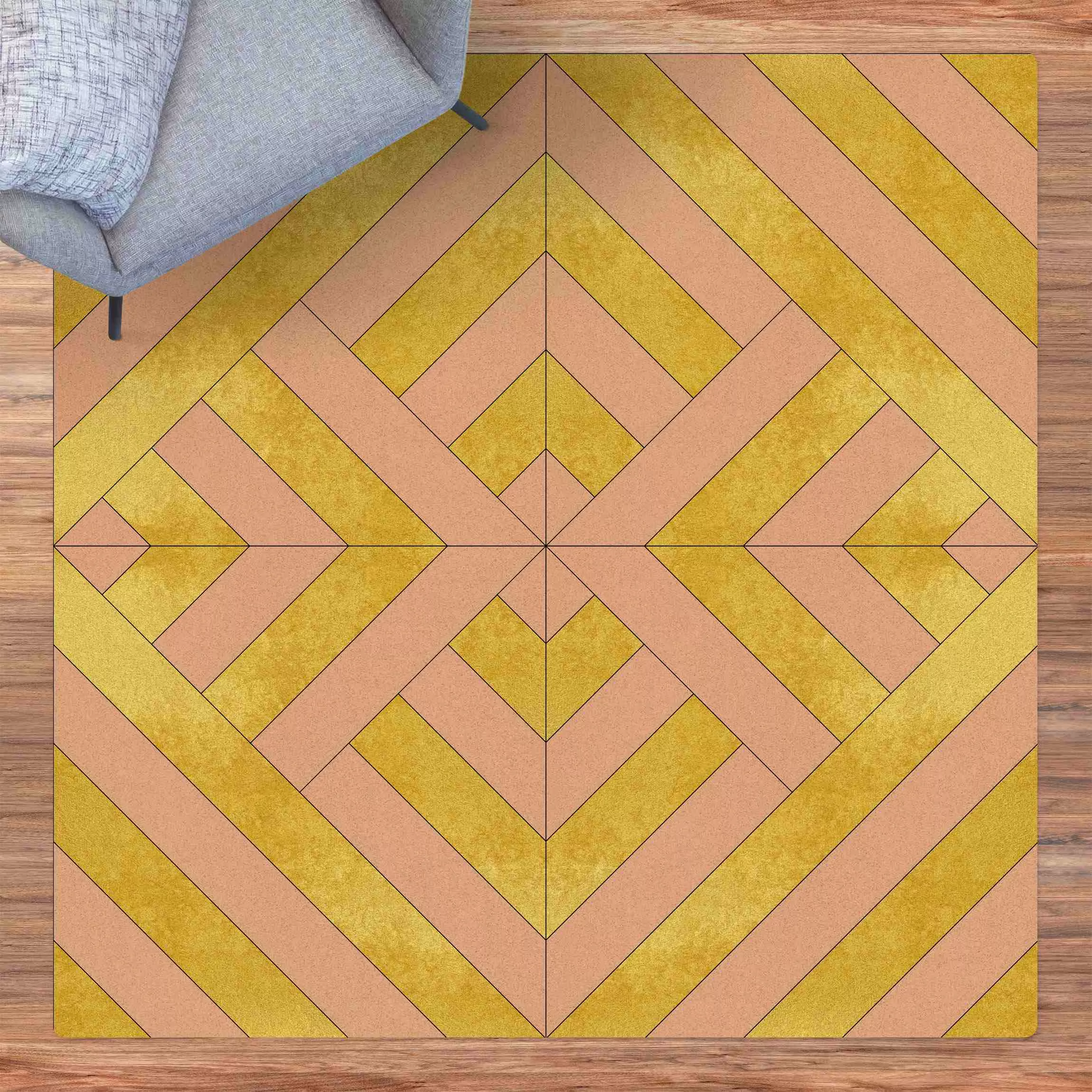 Kork-Teppich Geometrischer Fliesenmix Art Deco Gold günstig online kaufen