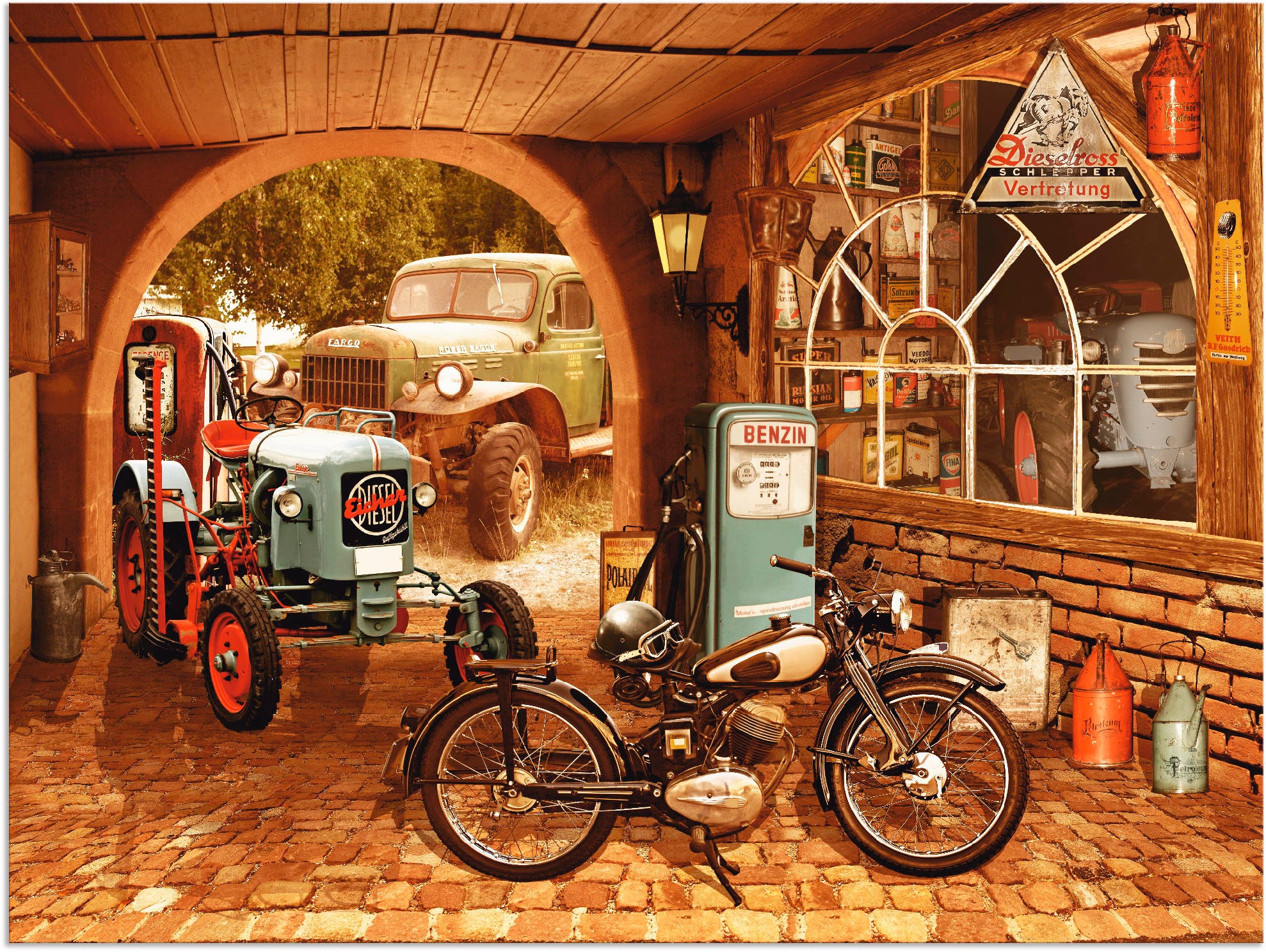 Artland Wandbild "Werkstatt mit Traktor und Motorrad", Traktoren, (1 St.), günstig online kaufen