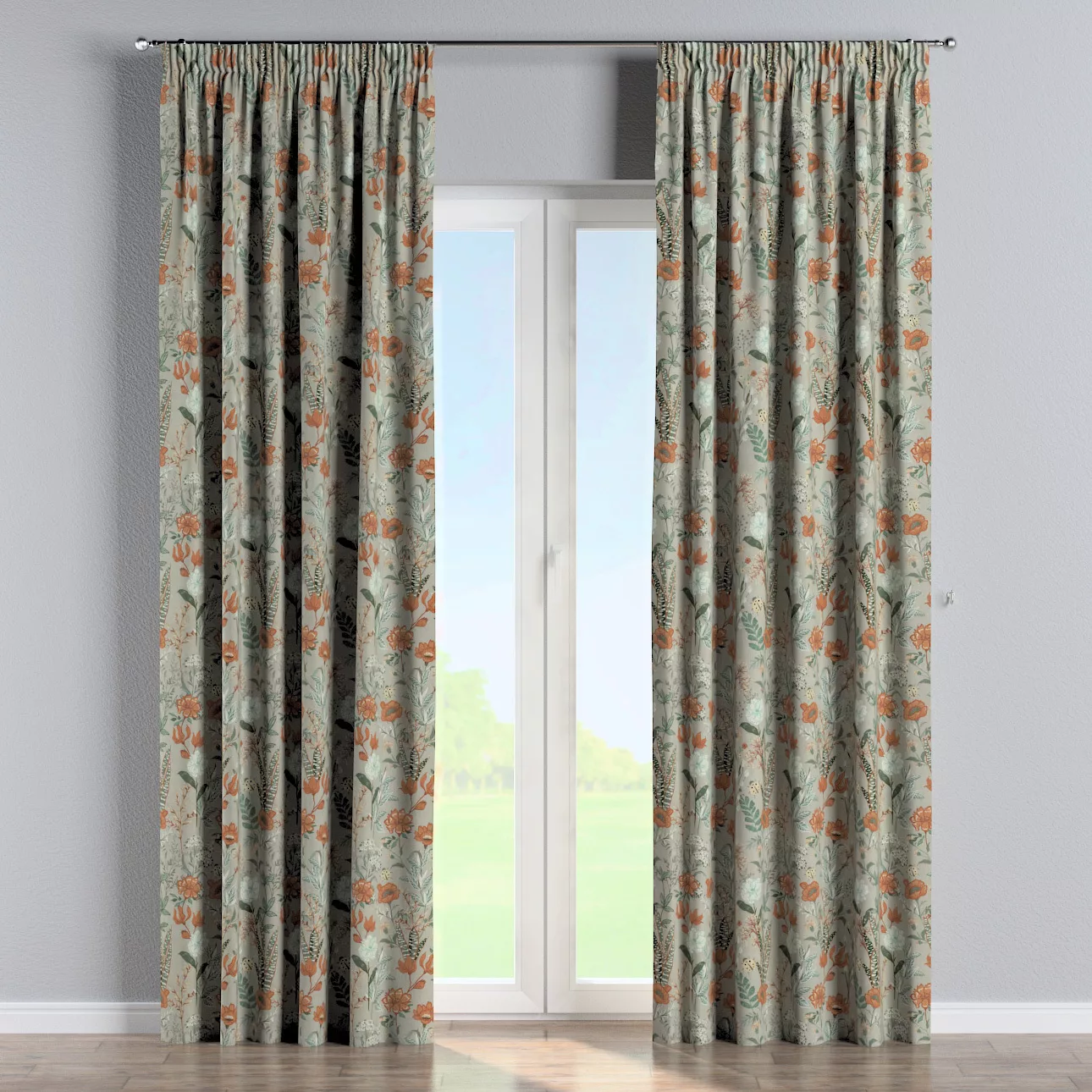 Vorhang mit Kräuselband, grau-orange-grün, Flowers (143-70) günstig online kaufen