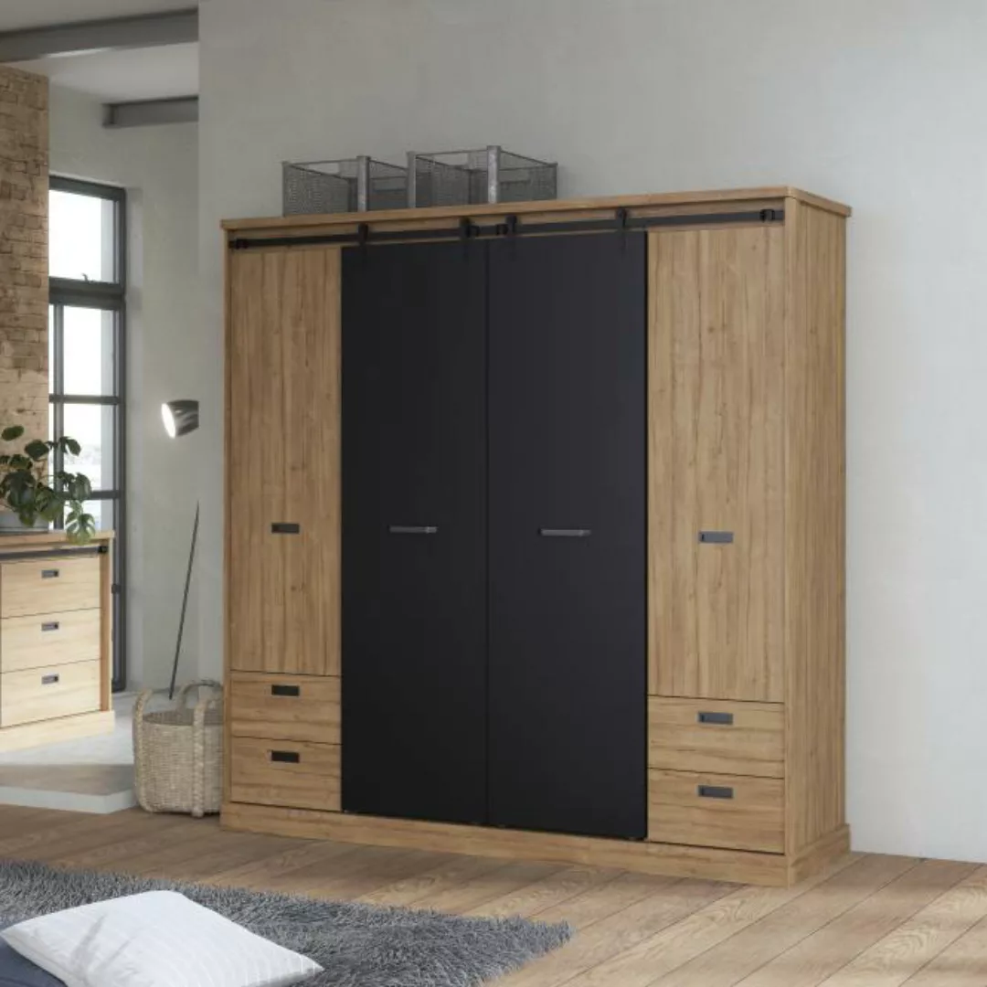 Kleiderschrank Industrial mit Schienen 4trg KASZIMIRO von Forte braun günstig online kaufen