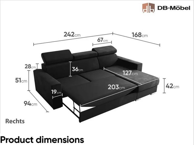 DB-Möbel Ecksofa Ecksofa mit Schlaffunktion mit Relaxfunktion und Kopfstütz günstig online kaufen