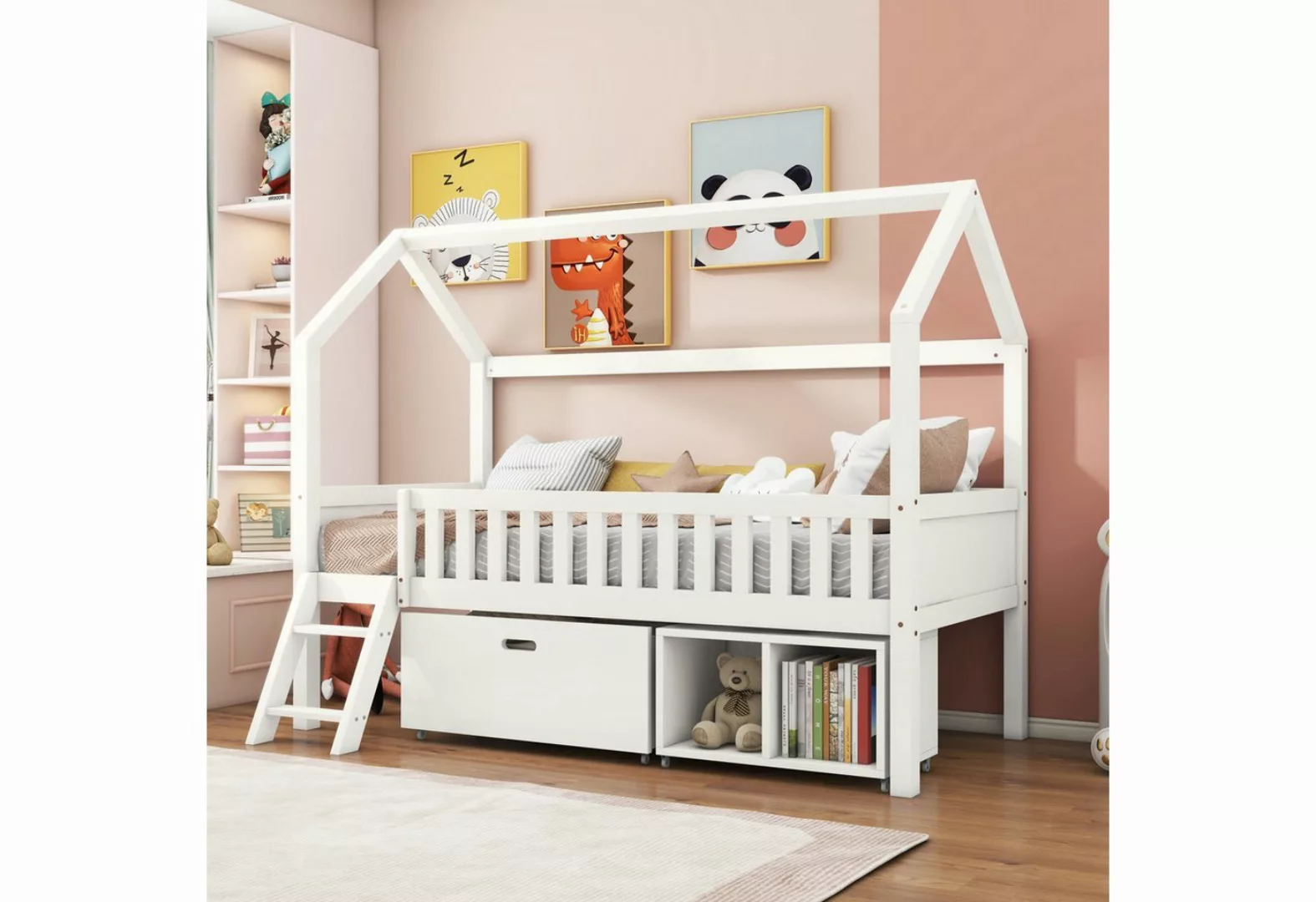FUROKOY Hausbett Kinderbett 90x200cm mit Schubladen und Ablagefächern, (Hol günstig online kaufen