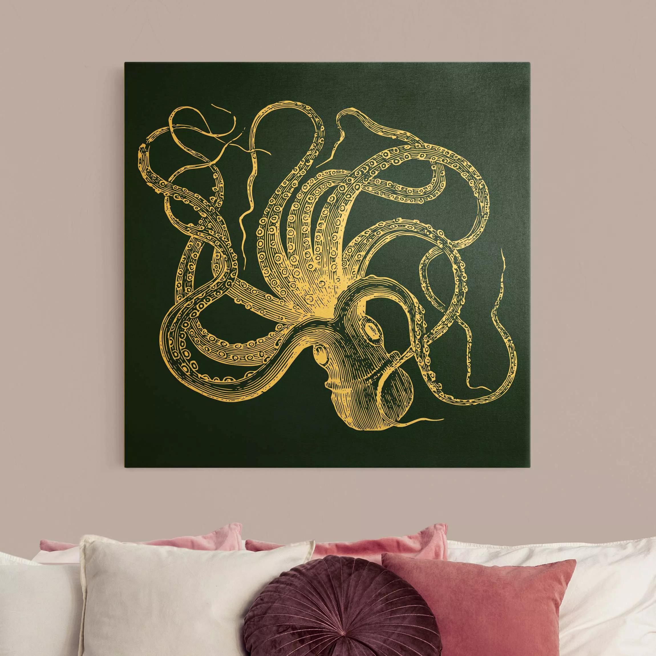 Leinwandbild Gold Illustration verrückter Oktopus auf Blau günstig online kaufen