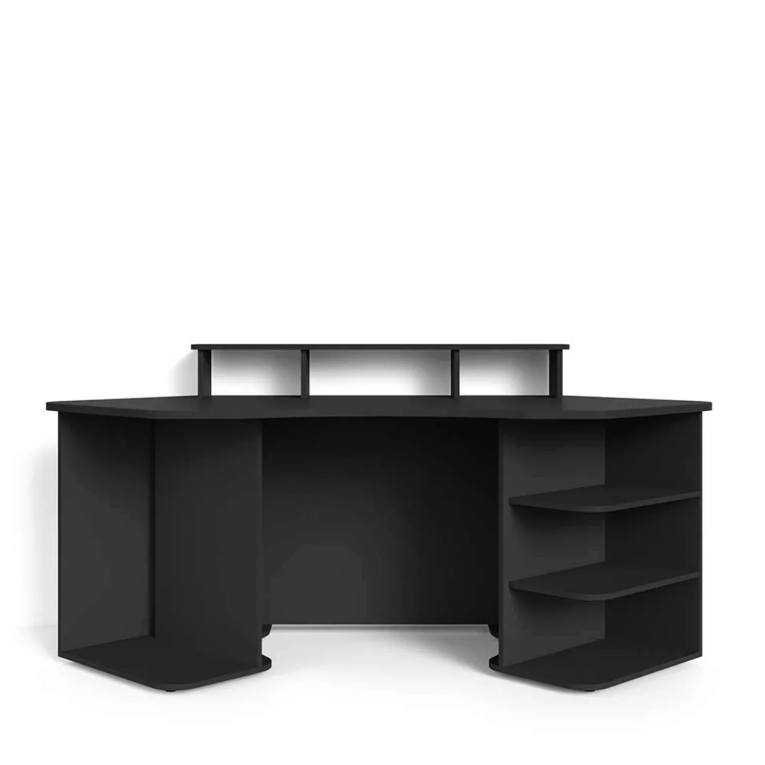 Halbrunder Schreibtisch in Schwarz Seitenregalen und Bildschirmaufsatz günstig online kaufen