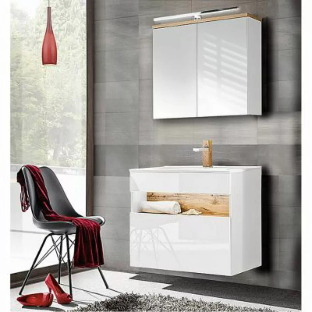 Lomadox Badezimmer Set mit Keramik-Waschtisch inkl LED in Weiß-Hochglanz mi günstig online kaufen