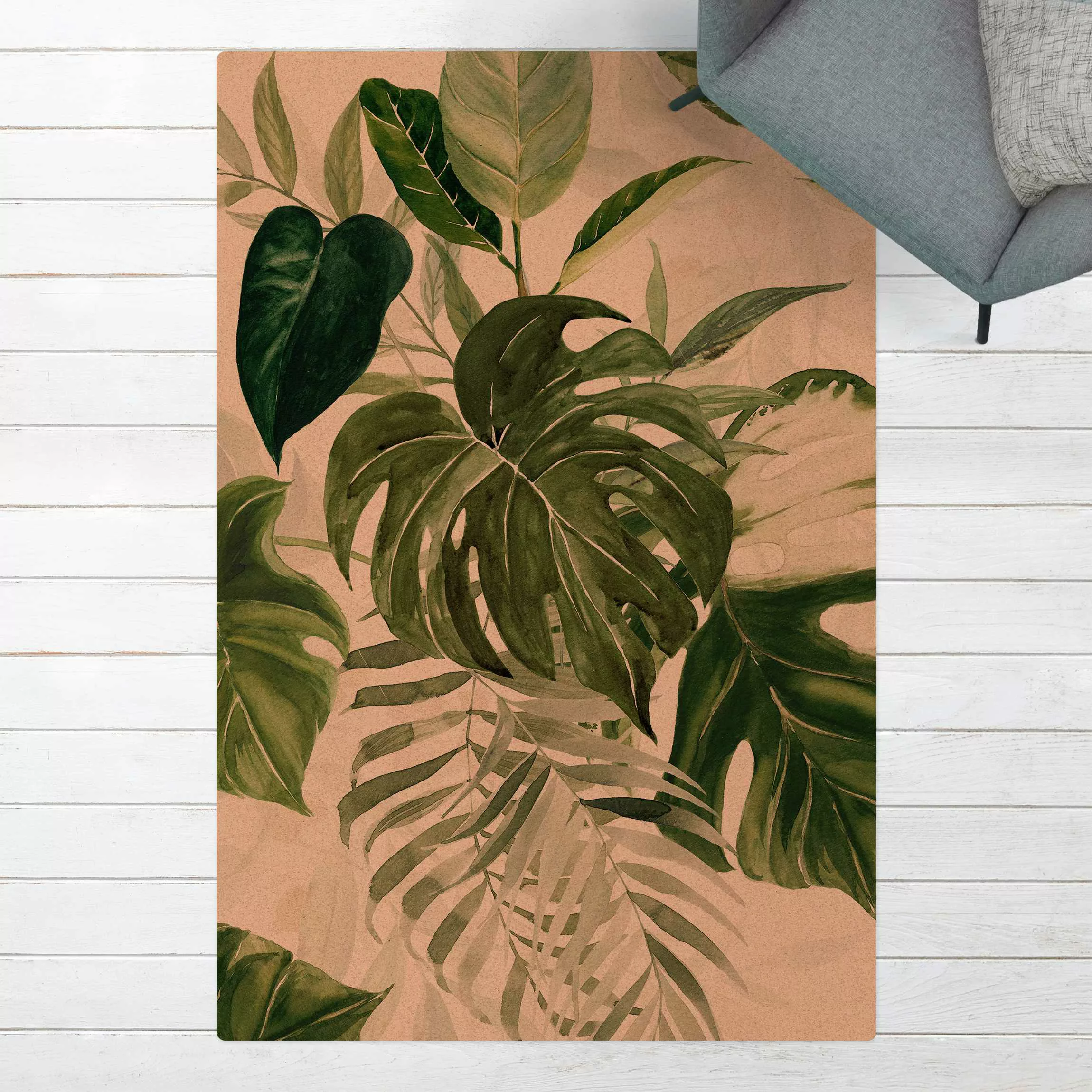 Kork-Teppich Aquarell Tropisches Arrangement mit Monstera günstig online kaufen