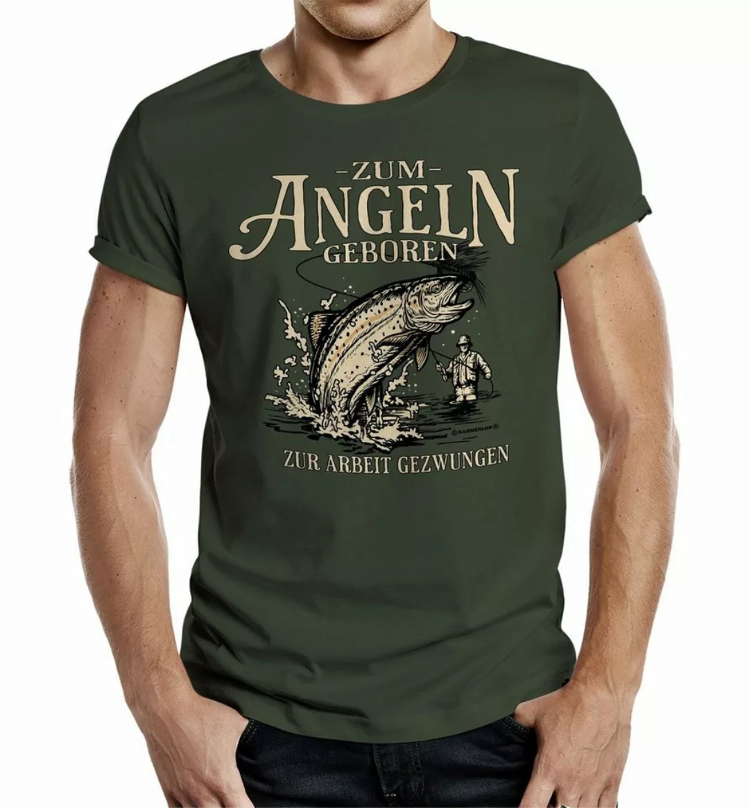 RAHMENLOS® T-Shirt für Angler: Zum Angeln geboren - Zur Arbeit gezwungen günstig online kaufen