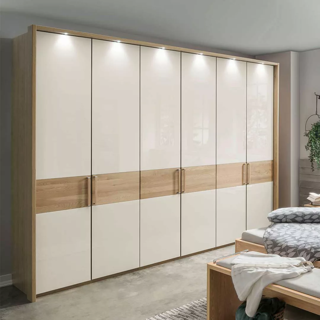 Drehtüren Kleiderschrank in Beige Glas beschichtet 6-türig günstig online kaufen