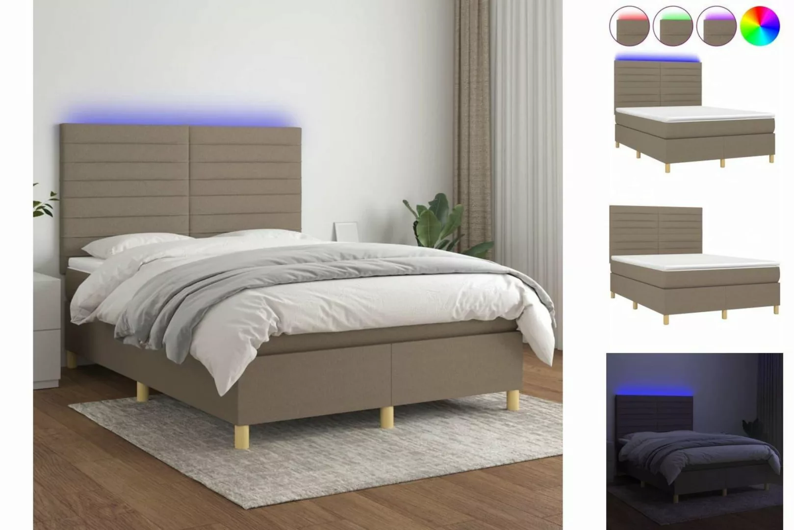 vidaXL Boxspringbett (140 x 200 cm, Streifen Vertikal, Taupe), mit LED günstig online kaufen