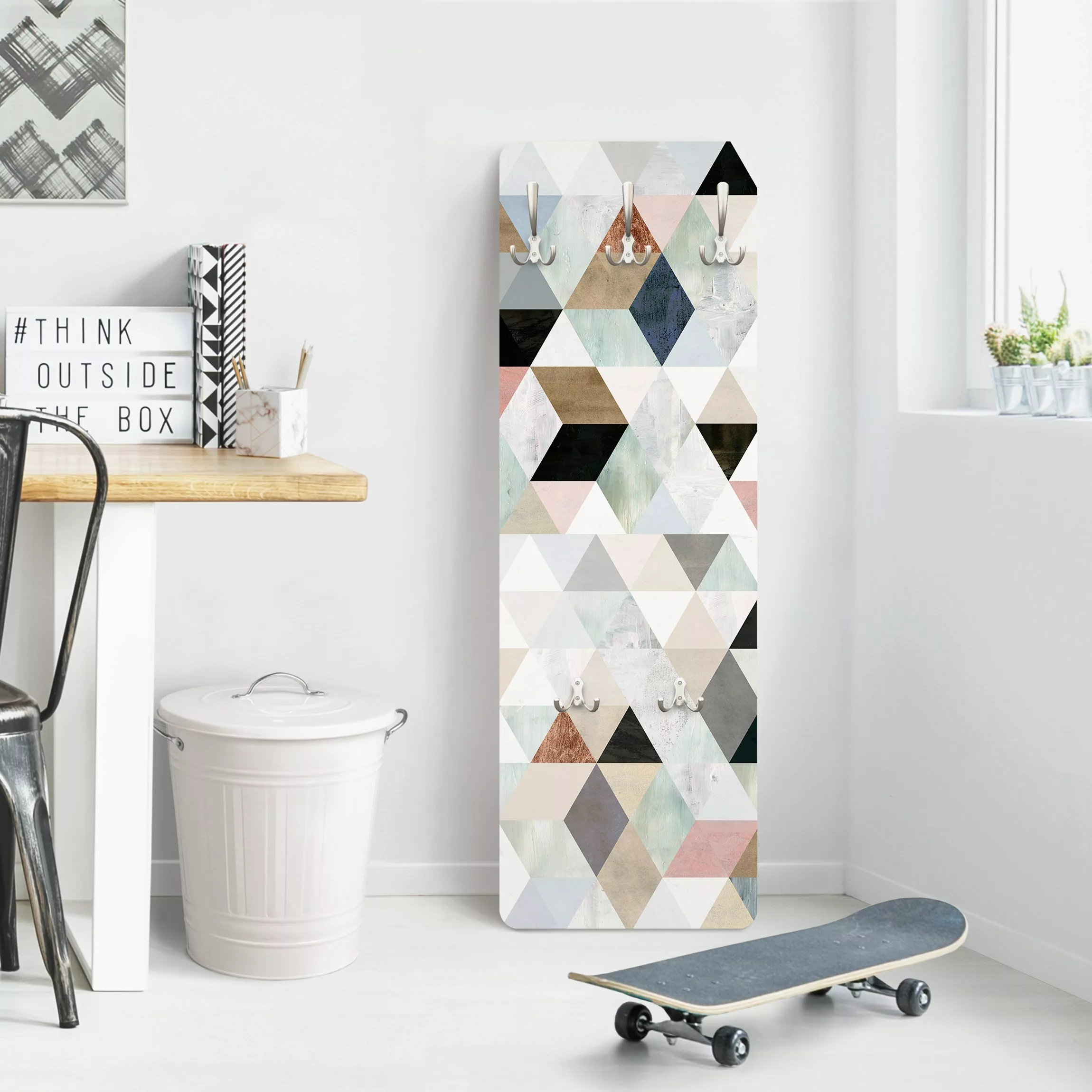 Wandgarderobe Holzpaneel Muster & Textur Aquarell-Mosaik mit Dreiecken I günstig online kaufen