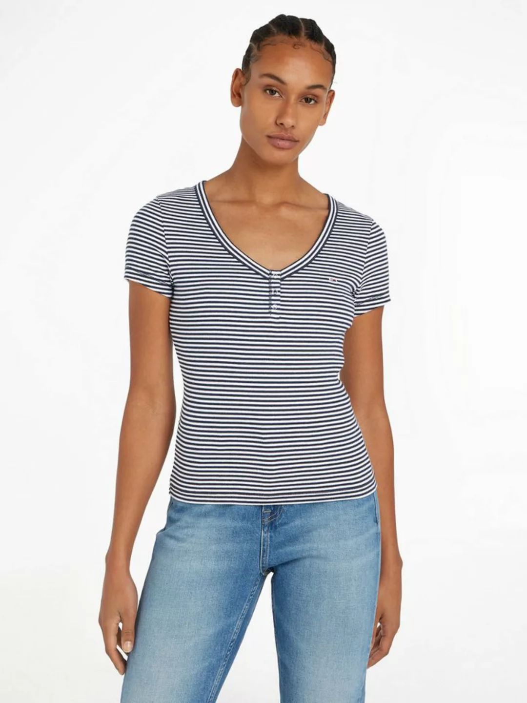 Tommy Jeans V-Shirt TJW SLIM HENLEY STRIPE V-NECK SS im Streifendesign günstig online kaufen