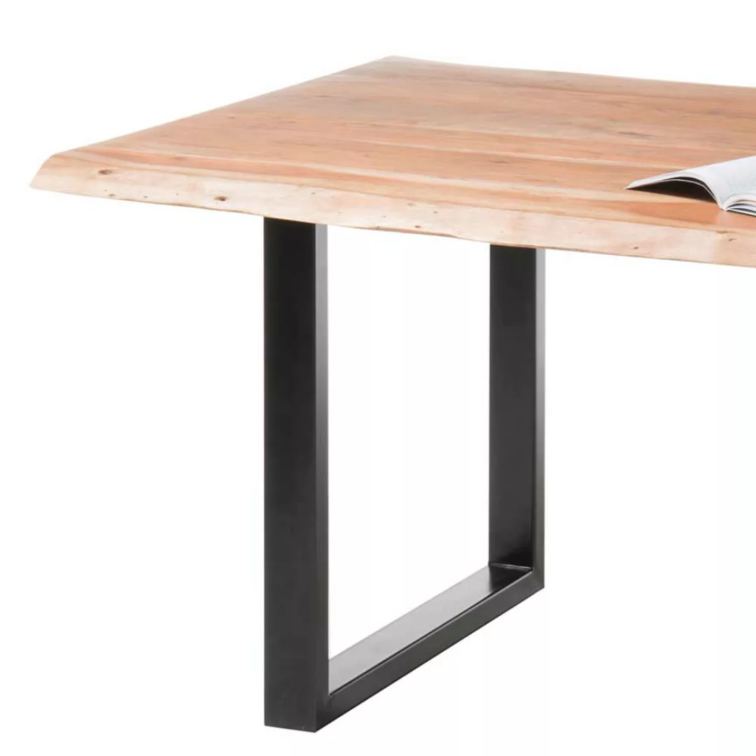 Baumkanten Tisch aus Akazie Massivholz Metall Bügelgestell günstig online kaufen