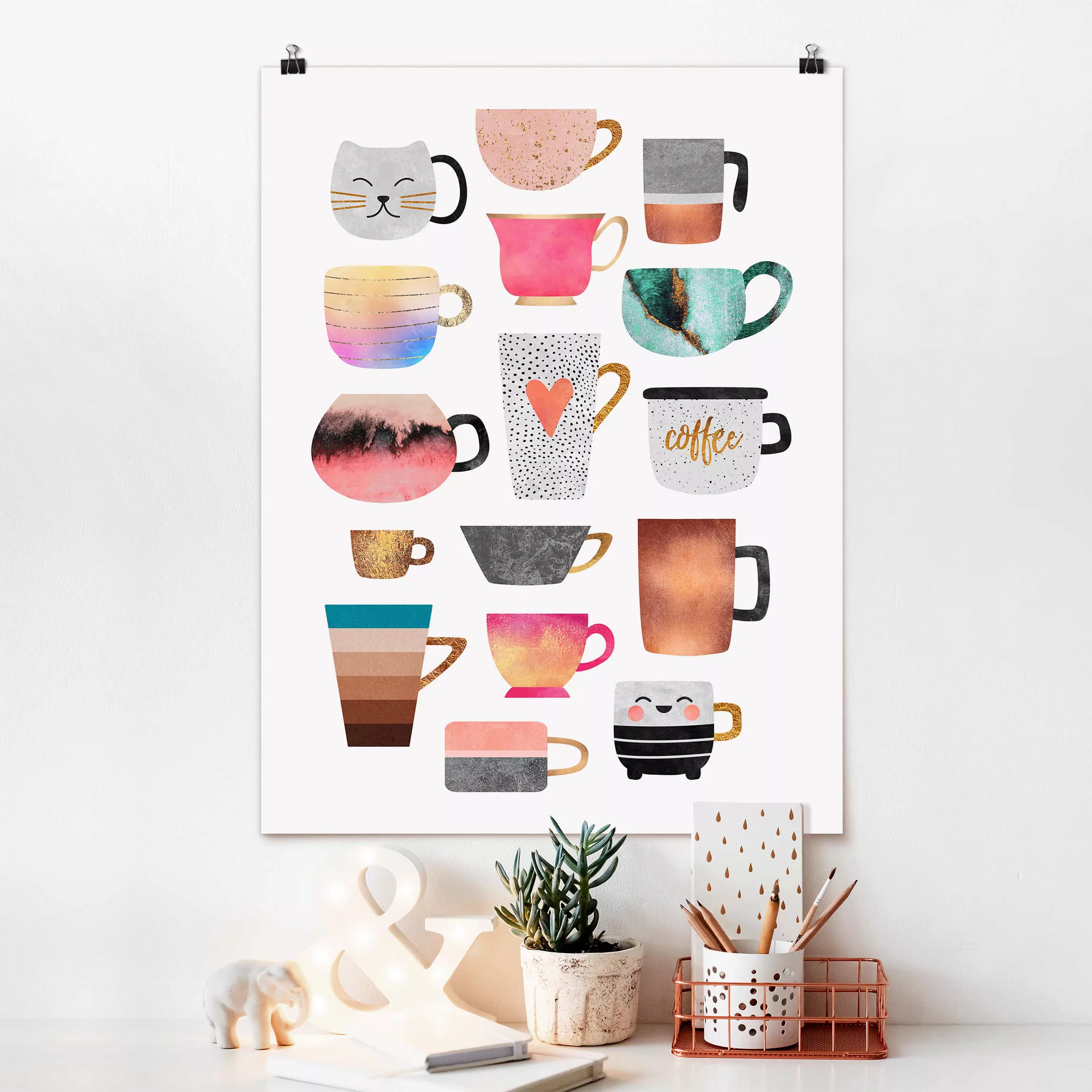 Poster Küche - Hochformat Bunte Tassen mit Gold günstig online kaufen