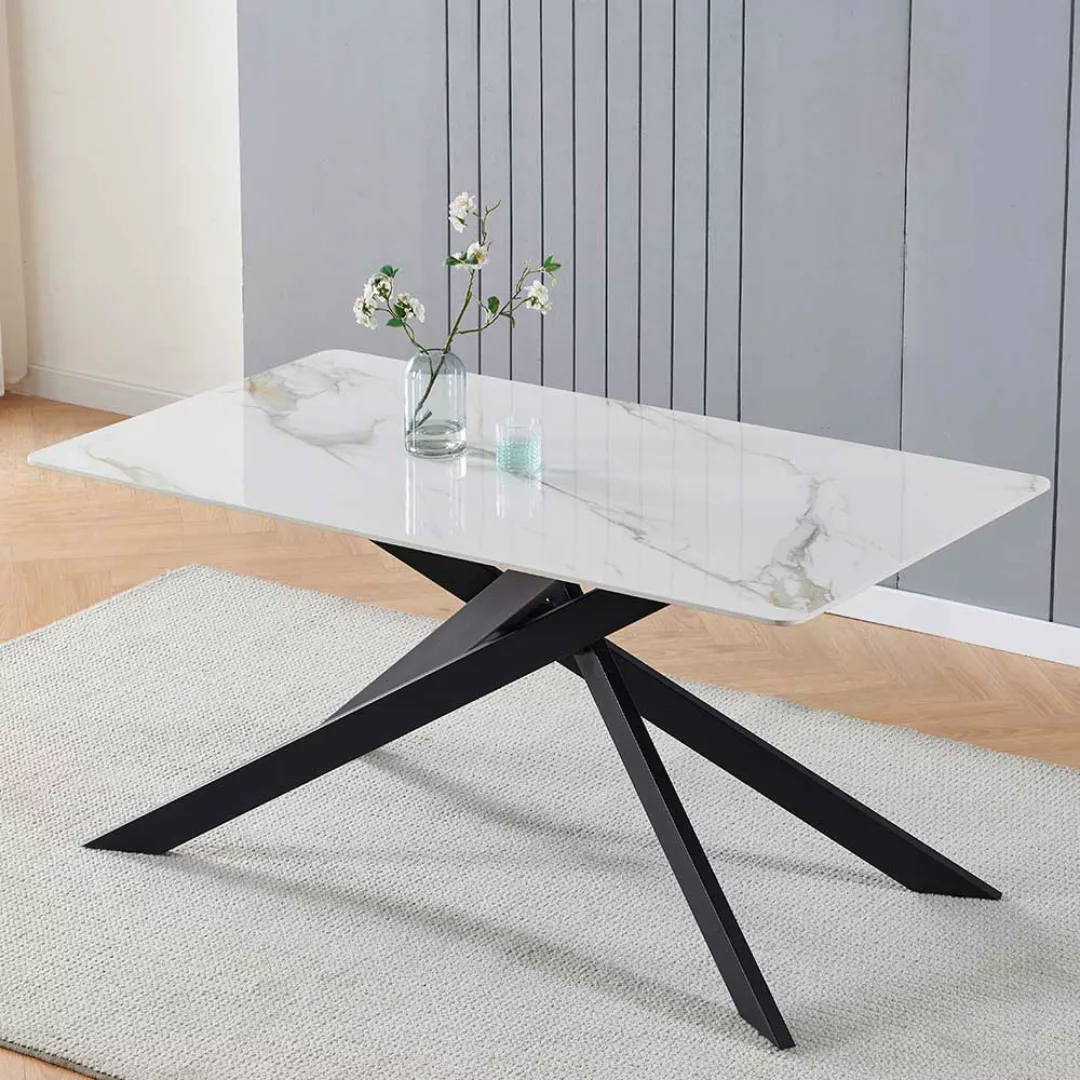 Esszimmer Tisch schwarz weiss mit Sinterstein Platte Mikado Fußgestell günstig online kaufen