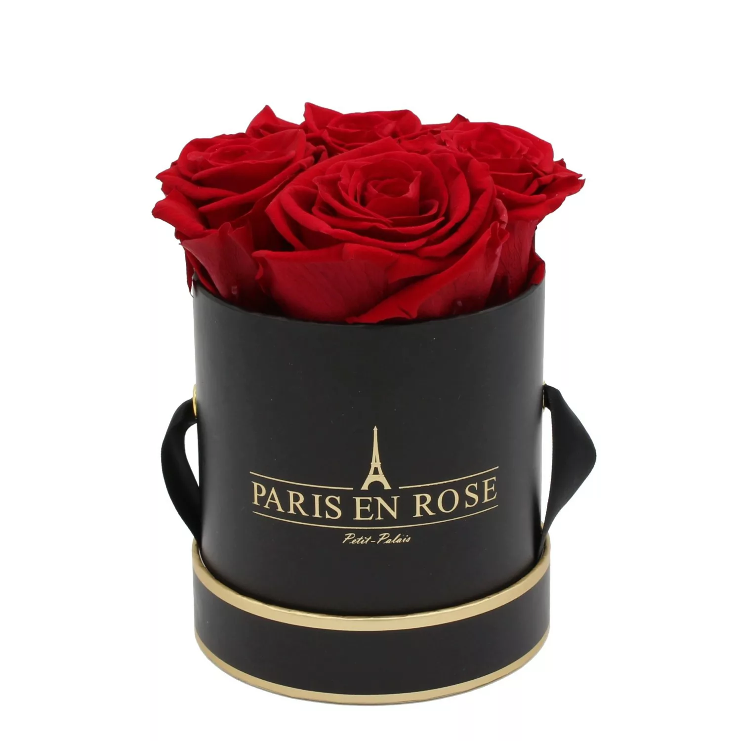 Rosenbox Ø 10 cm Schwarz-Gold mit 4 Bordeaux Rosen günstig online kaufen