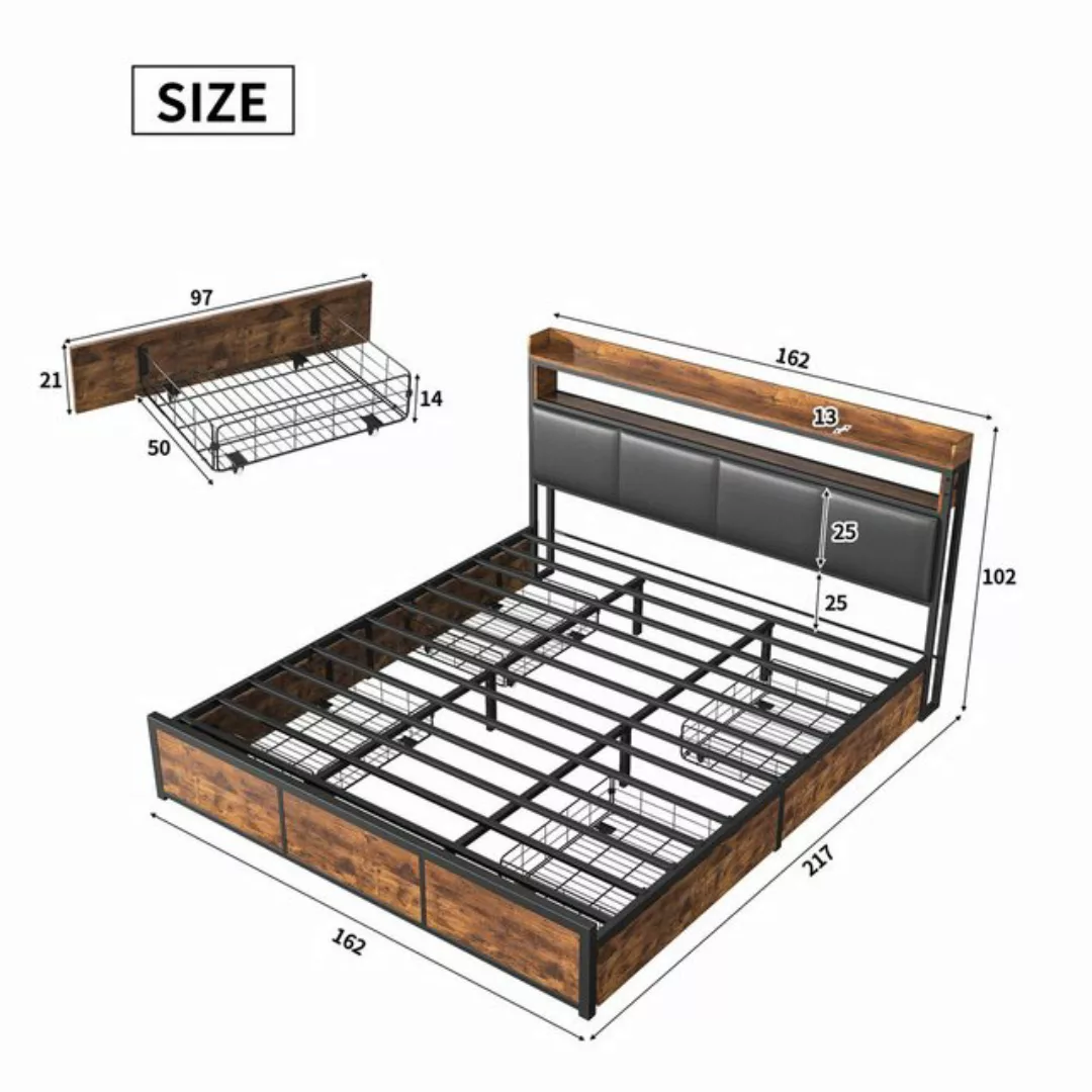 FUROKOY Polsterbett Doppelbett,LED Metallbett Holzbett mit Stauraum (160x20 günstig online kaufen