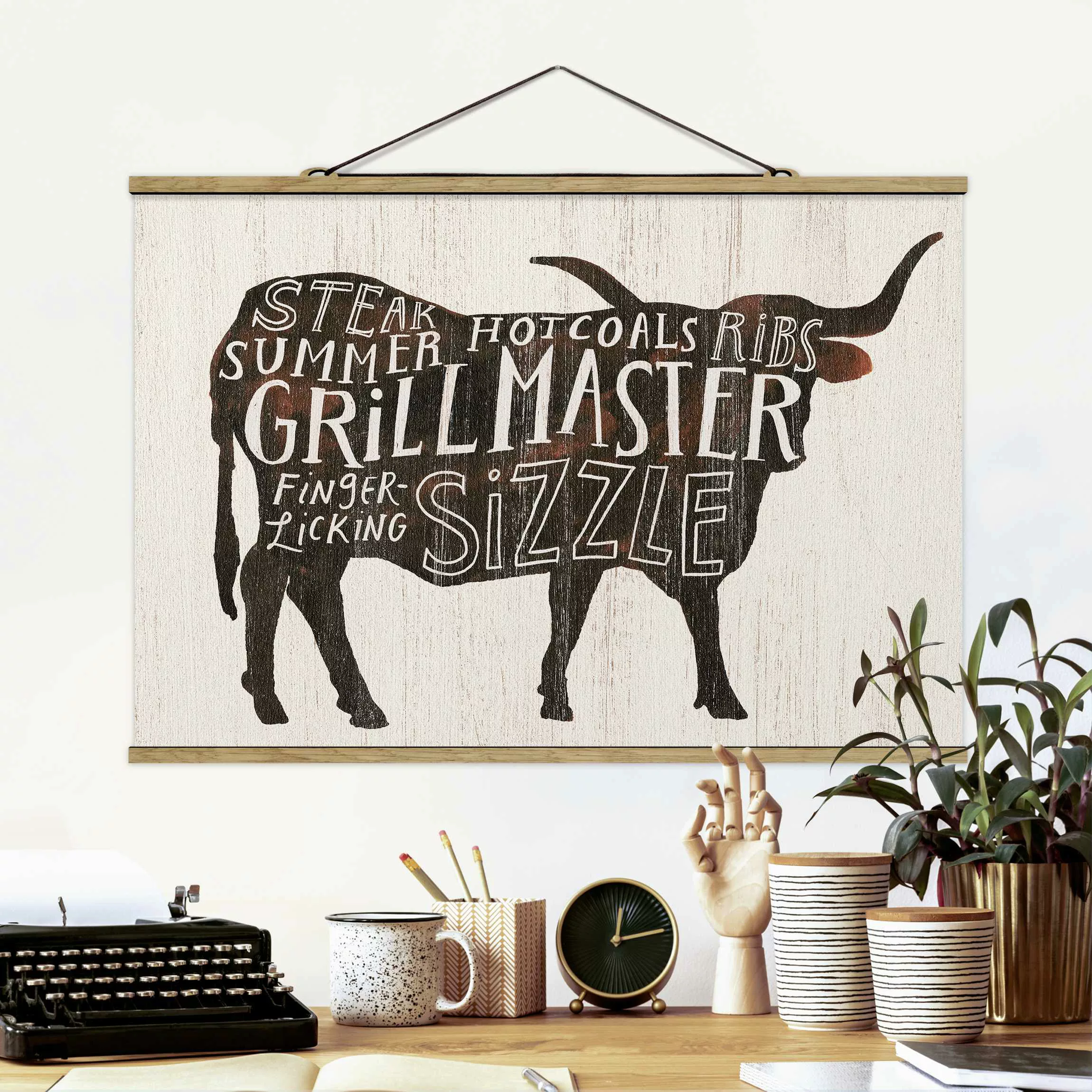 Stoffbild Tiere mit Posterleisten - Querformat Bauernhof BBQ - Rind günstig online kaufen