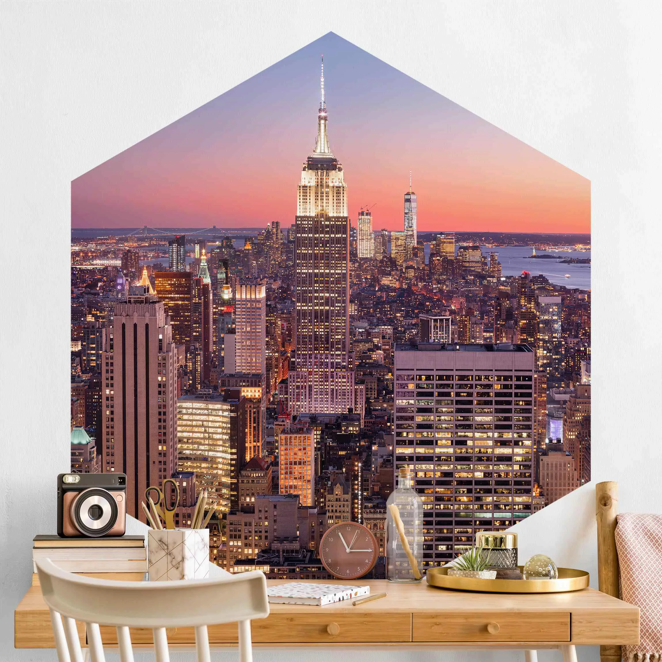 Hexagon Fototapete selbstklebend Sonnenuntergang Manhattan New York City günstig online kaufen
