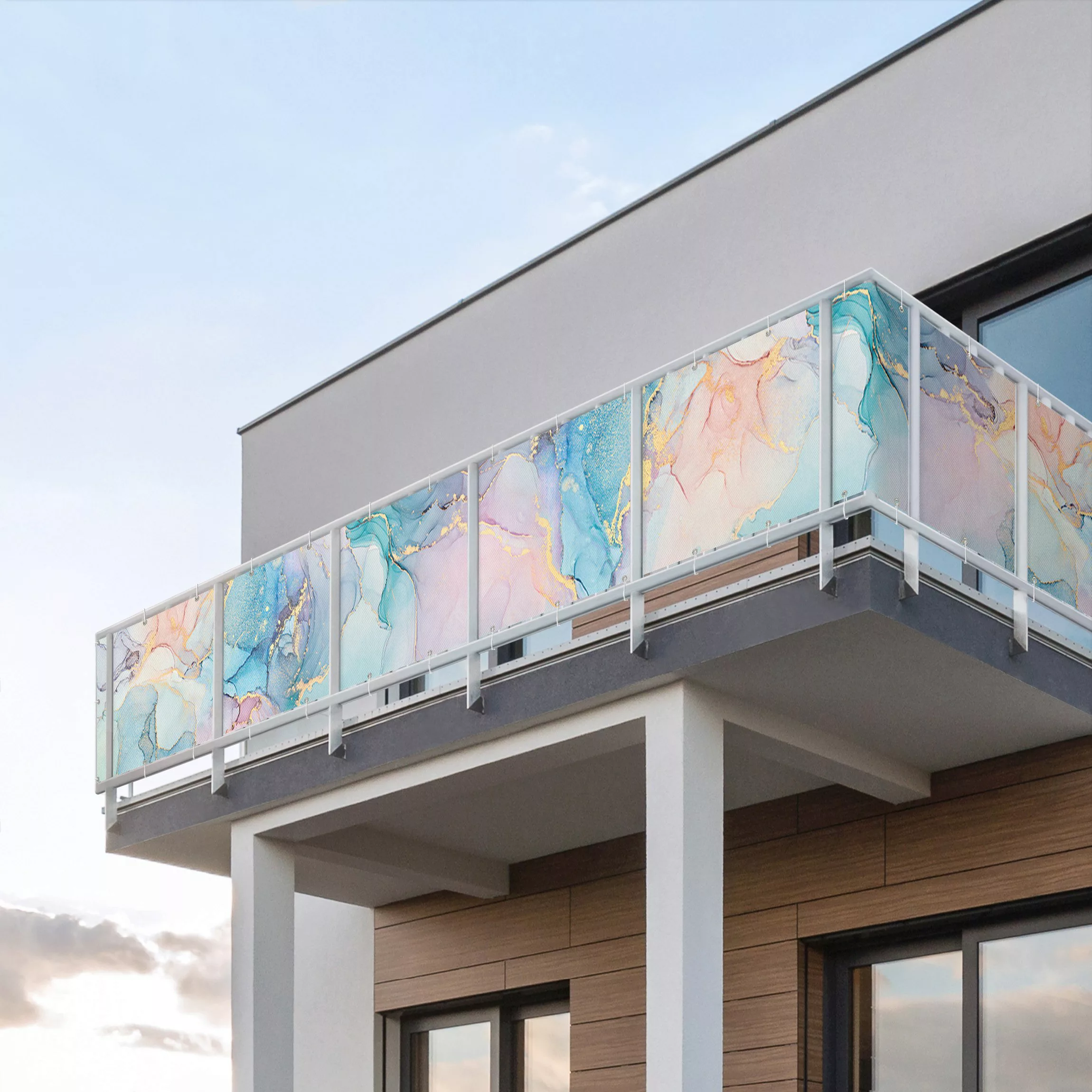 Balkon Sichtschutz Aquarell Pastell Bunt mit Gold günstig online kaufen