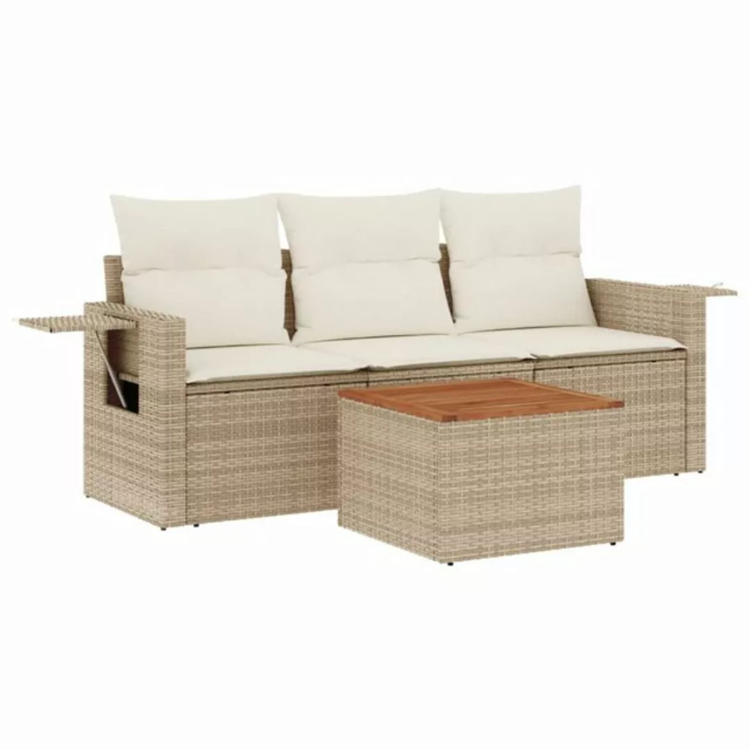 vidaXL Sofaelement 4-tlg. Garten-Sofagarnitur mit Kissen Beige Poly Rattan günstig online kaufen