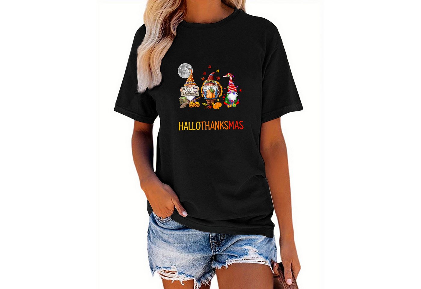 PYL Rundhalsshirt Damen Zwerg Druck Tee kurze Ärmel T Shirt Loose Tops günstig online kaufen