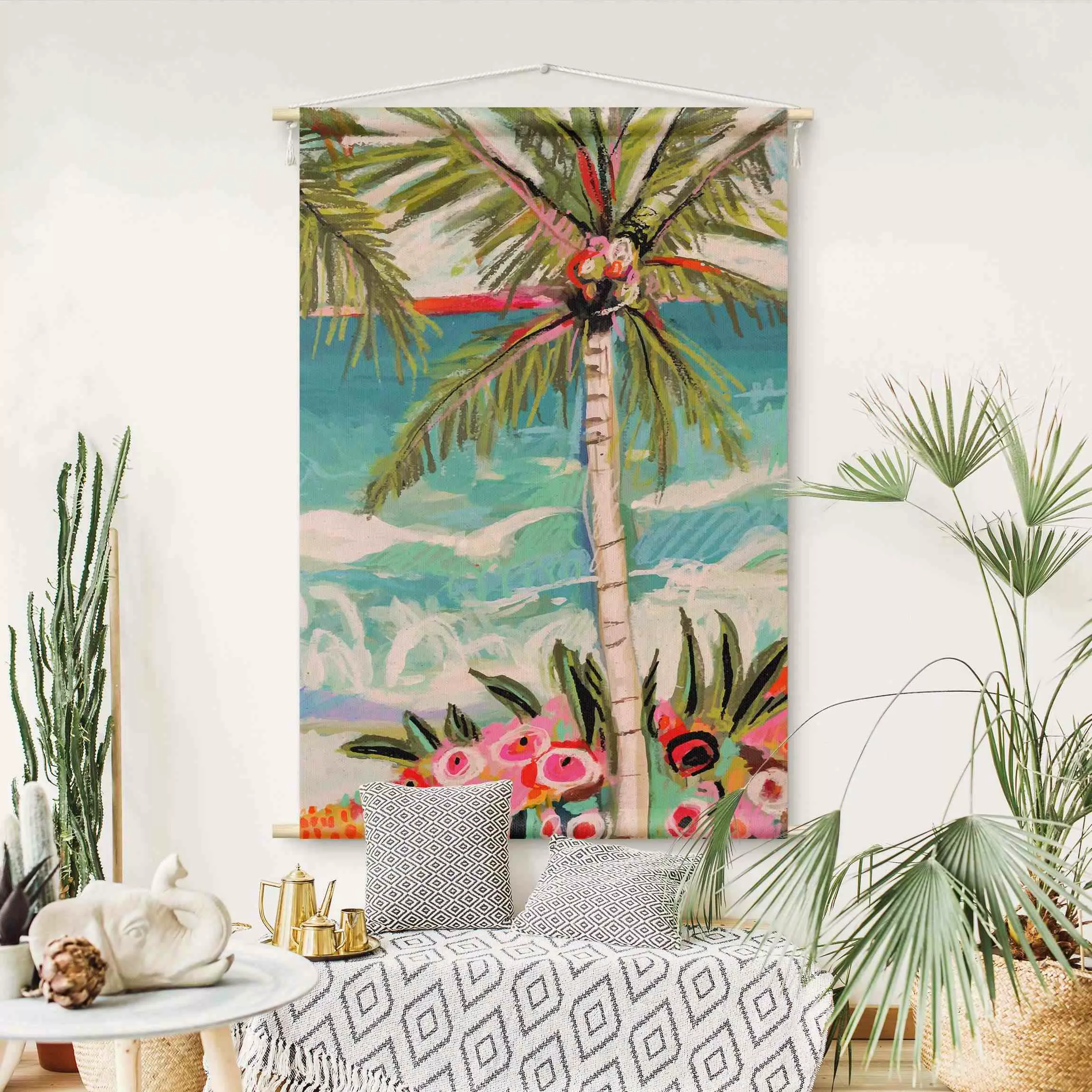 Wandteppich Palme mit pinken Blumen II günstig online kaufen
